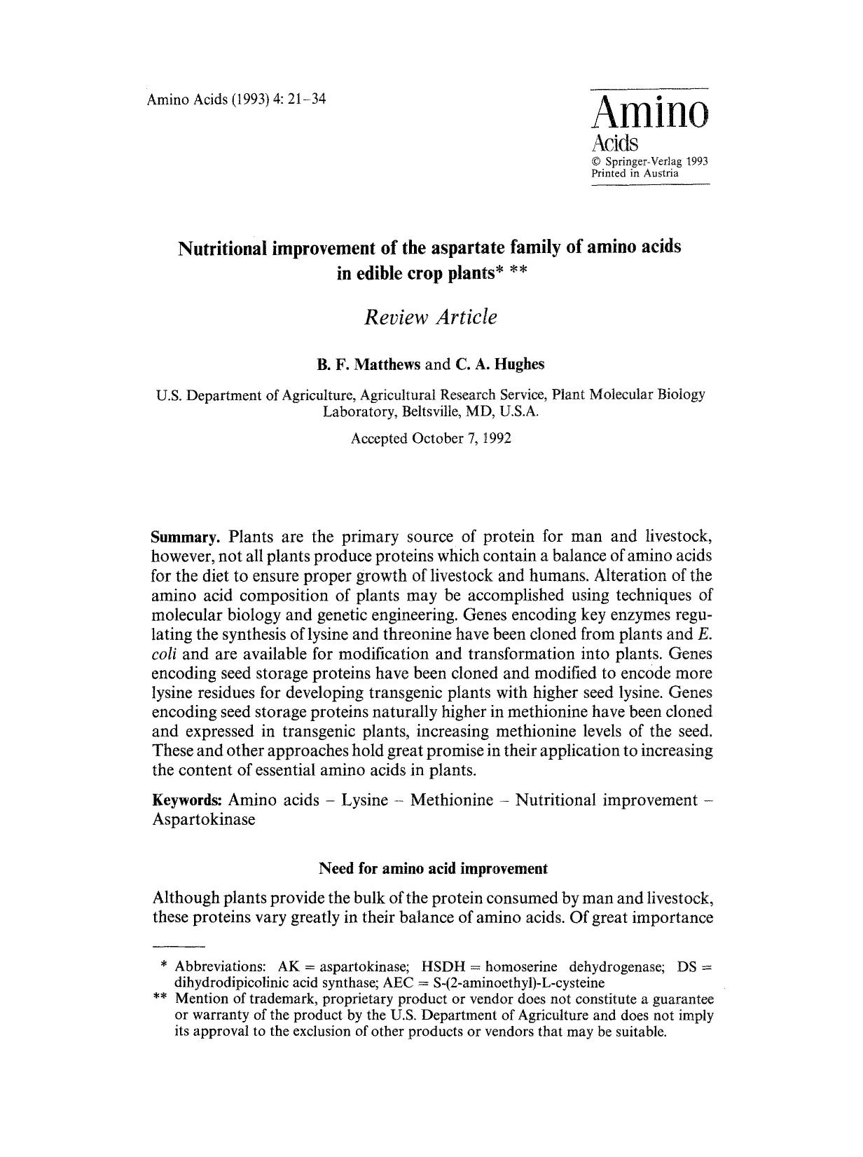 Nutritional improvement of the aspartate family of amino acids in edible crop plants by Unknown