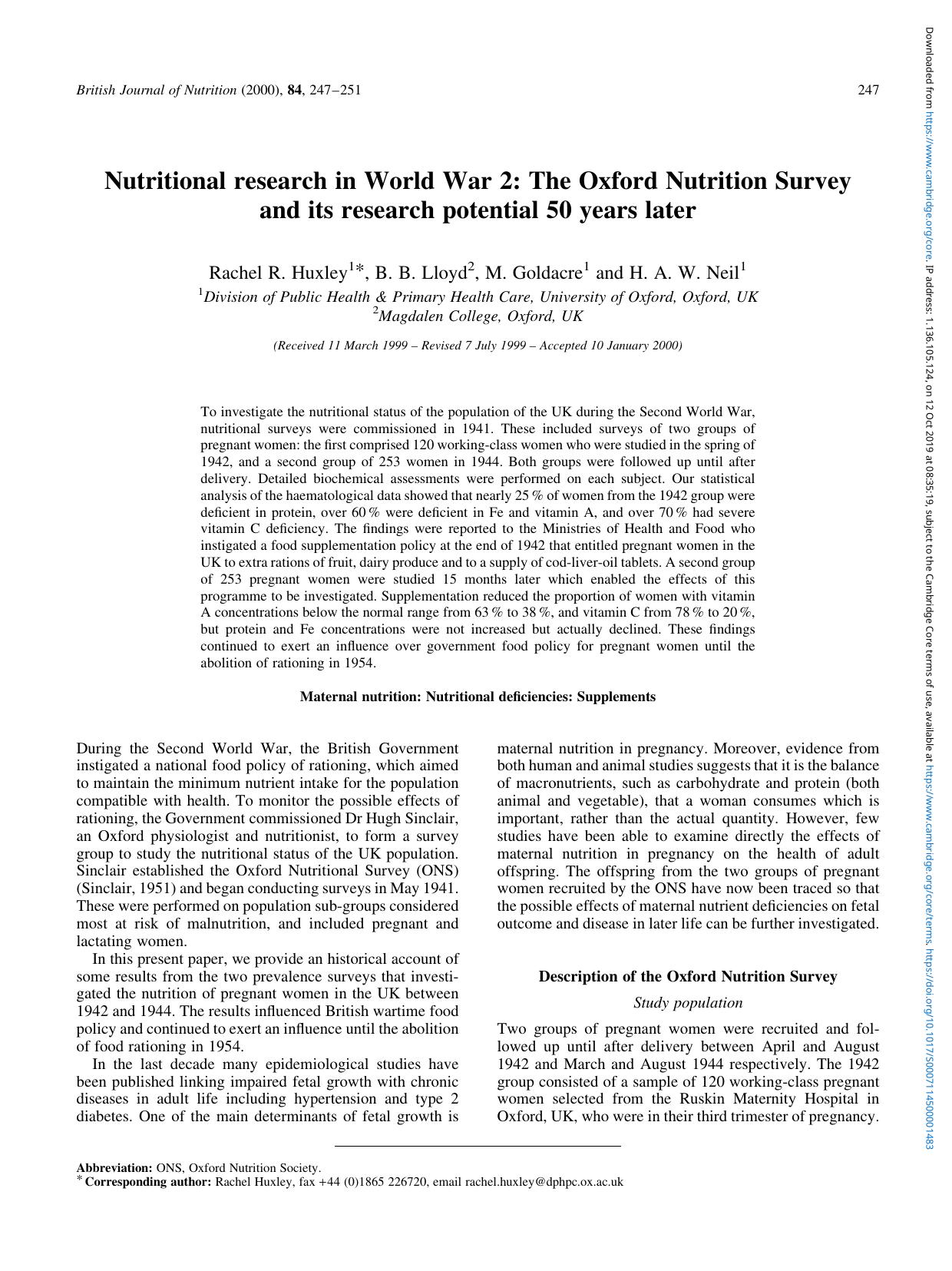 Nutritional research in World War 2: The Oxford Nutrition Survey and its research potential 50 years later by Rachel R. Huxley B. B. Lloyd M. Goldacre & H. A. W. Neil