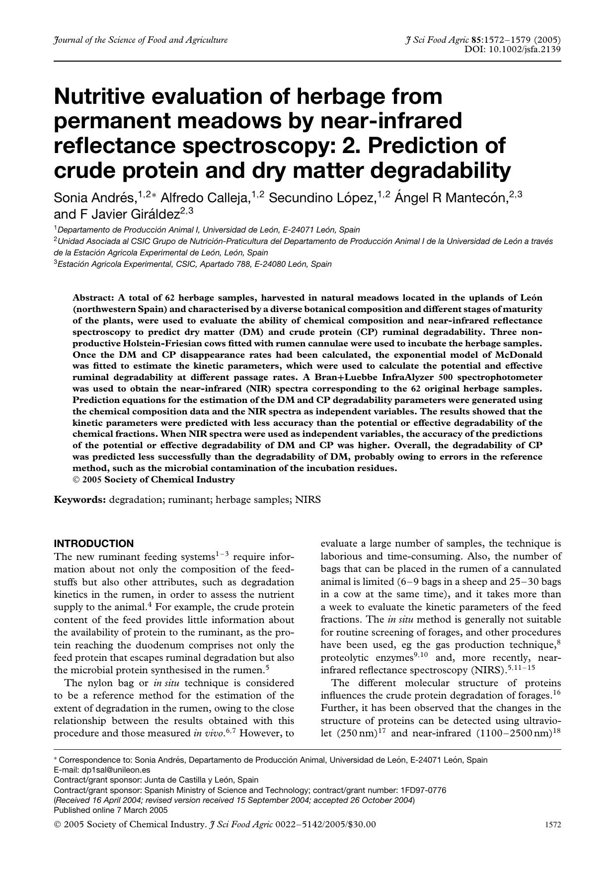 Nutritive evaluation of herbage from permanent meadows by near-infrared reflectance spectroscopy: 2. Prediction of crude protein and dry matter degradability by Unknown