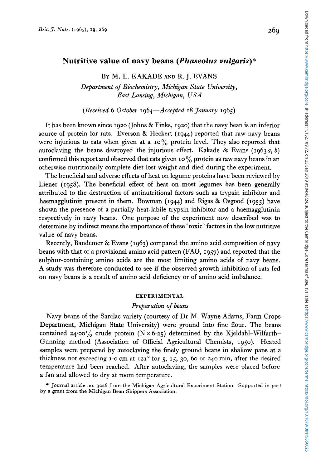 Nutritive value of navy beans ( Phaseolus vulgaris) by M. L. Kakade R. J. Evans