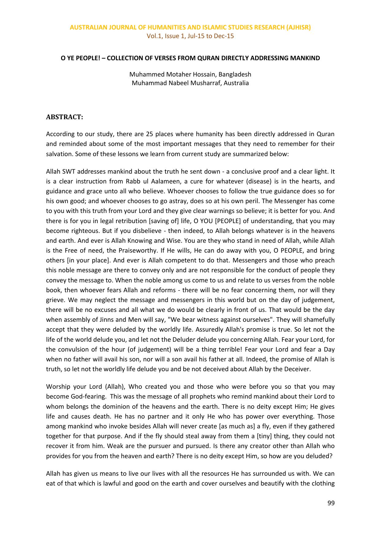 O Ye People - Collection of Verses from Quran Directly Addressing Mankind by Hossain & Musharraf