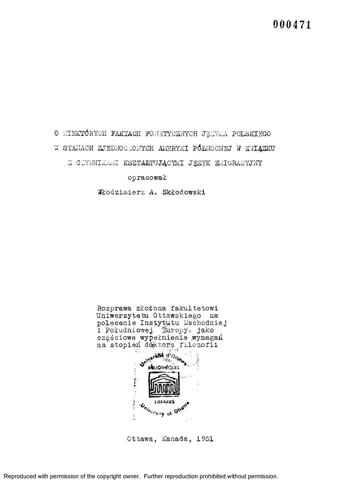 O niektÃ³rych faktach fonetycznych jezyka polskiego w stanach zjednoczonych Ameryki polnocnej w zwiazku z czynnikami ksztaltujacymi jezyk emigracyjny by Sklodowski Wlodzimierz A