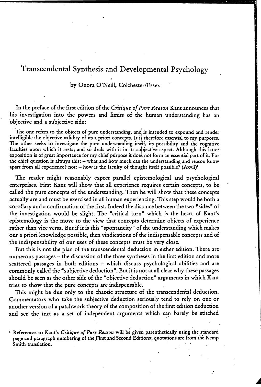 O'Neil Transcendental Synthesis and Developmental Psychology by Unknown