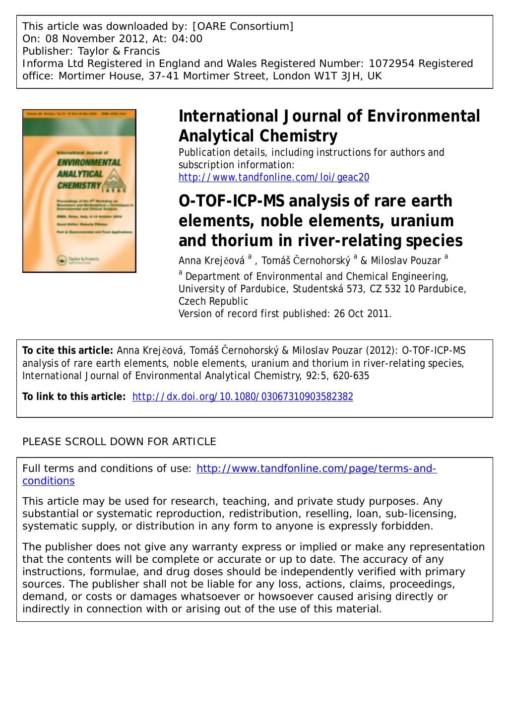 O-TOF-ICP-MS analysis of rare earth elements, noble elements, uranium and thorium in river-relating species by Anna Krejčová Tomáš Černohorský & Miloslav Pouzar