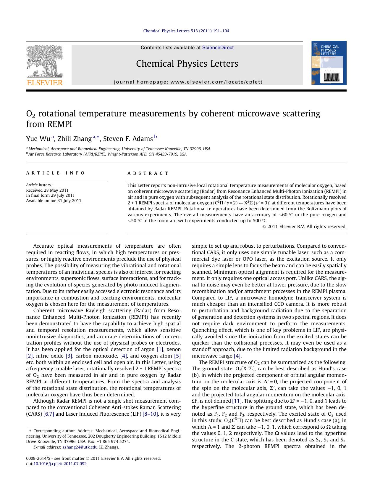 O2 rotational temperature measurements by coherent microwave scattering from REMPI by Yue Wu & Zhili Zhang & Steven F. Adams