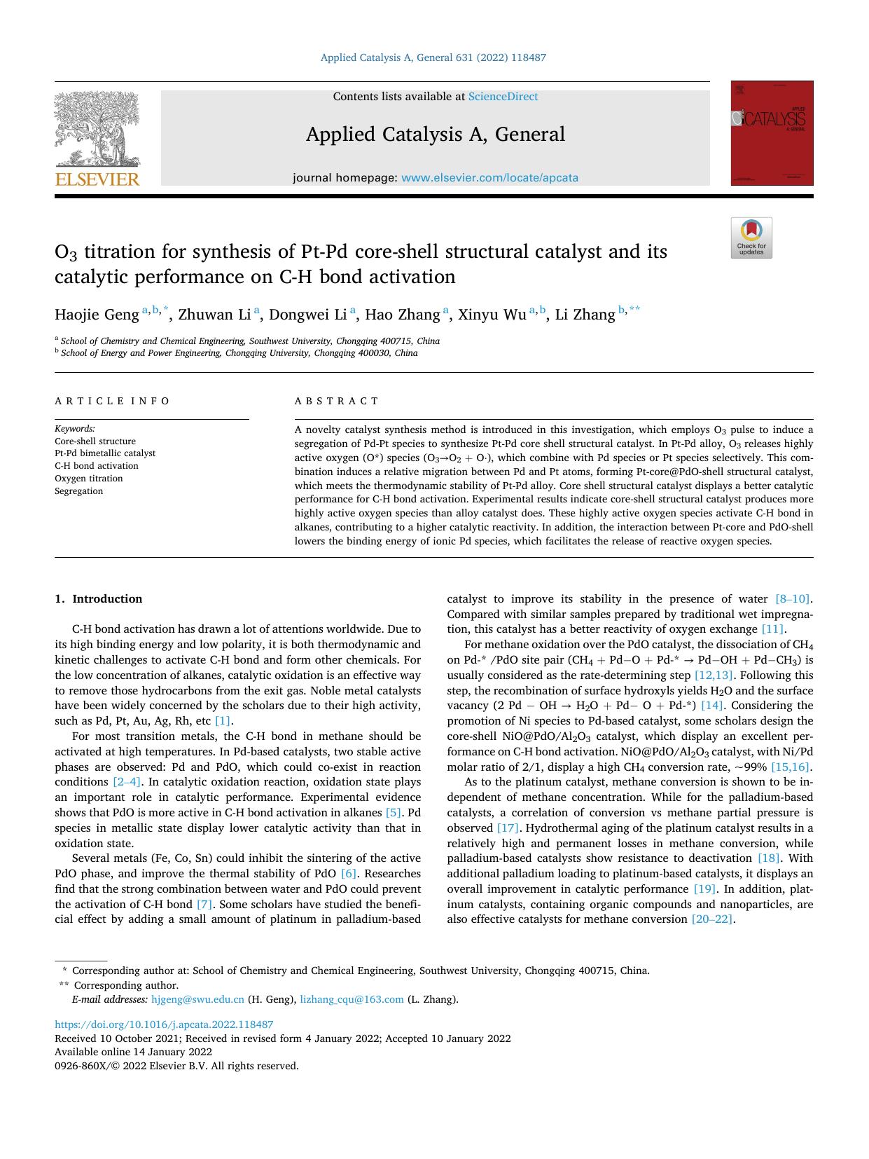 O3 titration for synthesis of Pt-Pd core-shell structural catalyst and its catalytic performance on C-H bond activation by Haojie Geng & Zhuwan Li & Dongwei Li & Hao Zhang & Xinyu Wu & Li Zhang