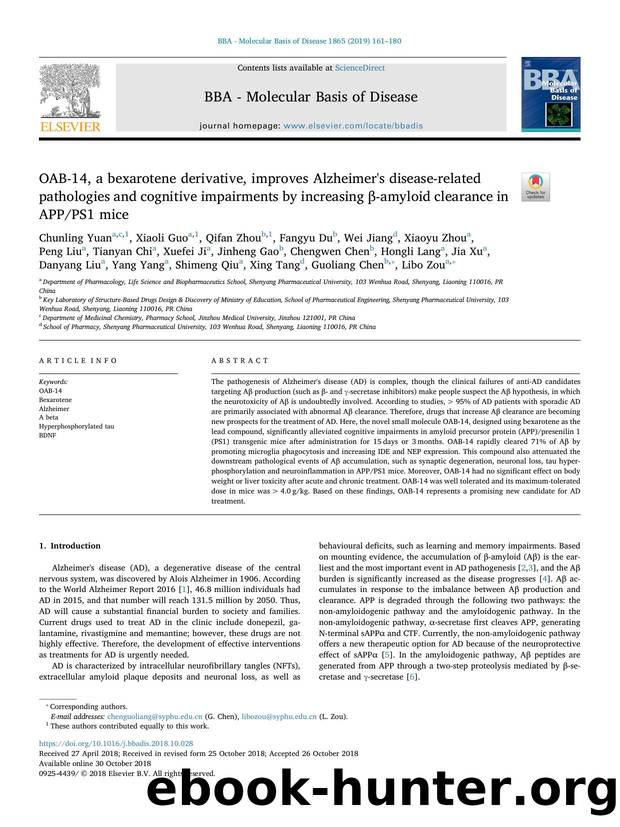 OAB-14, a bexarotene derivative, improves Alzheimer's disease-related pathologies and cognitive impairments by increasing Î²-amyloid clearance in APPPS1 mice by unknow