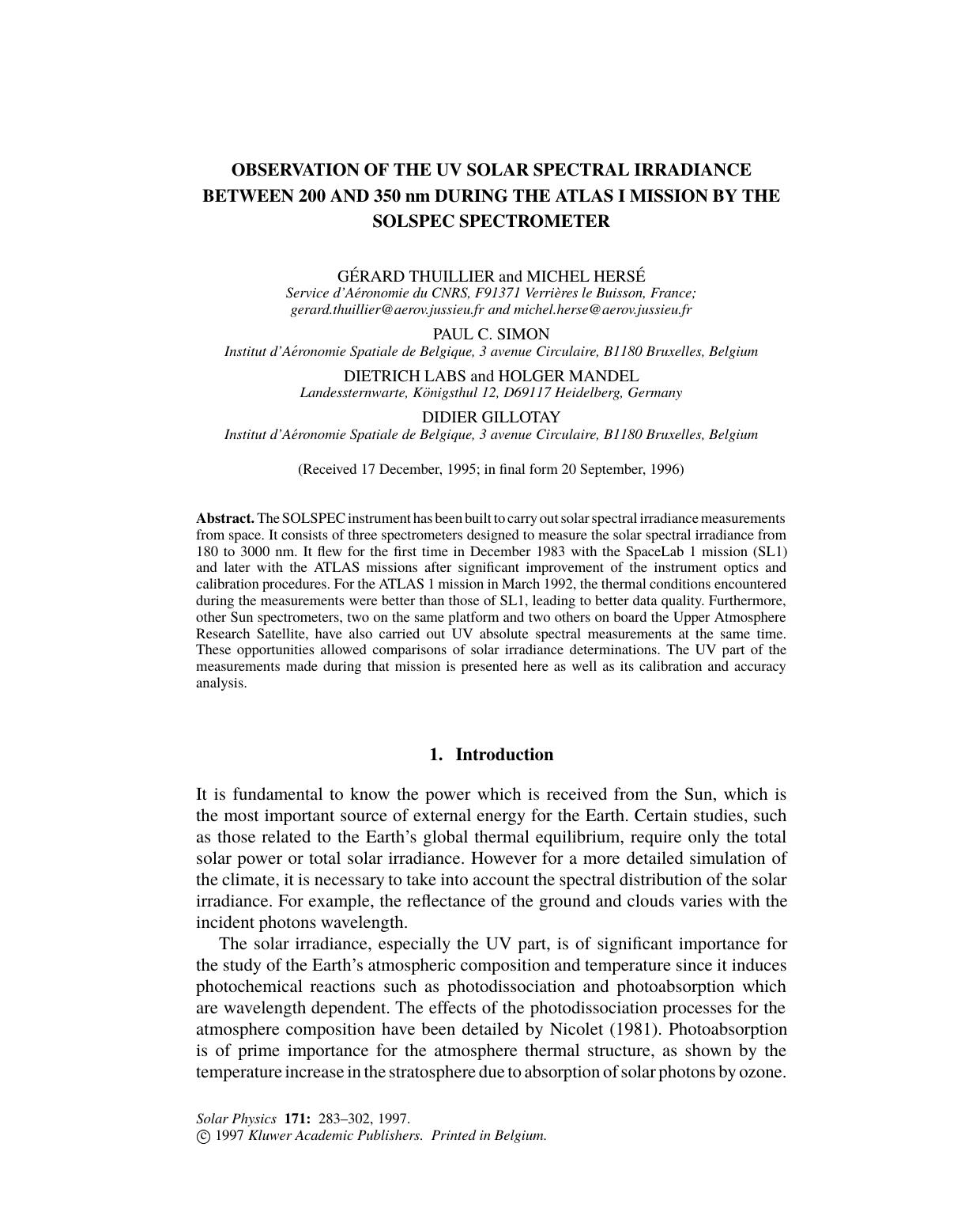 OBSERVATION OF THE UV SOLAR SPECTRAL IRRADIANCE BETWEEN 200 AND 350 nm DURING THE ATLAS I MISSION BY THE SOLSPEC SPECTROMETER by Unknown