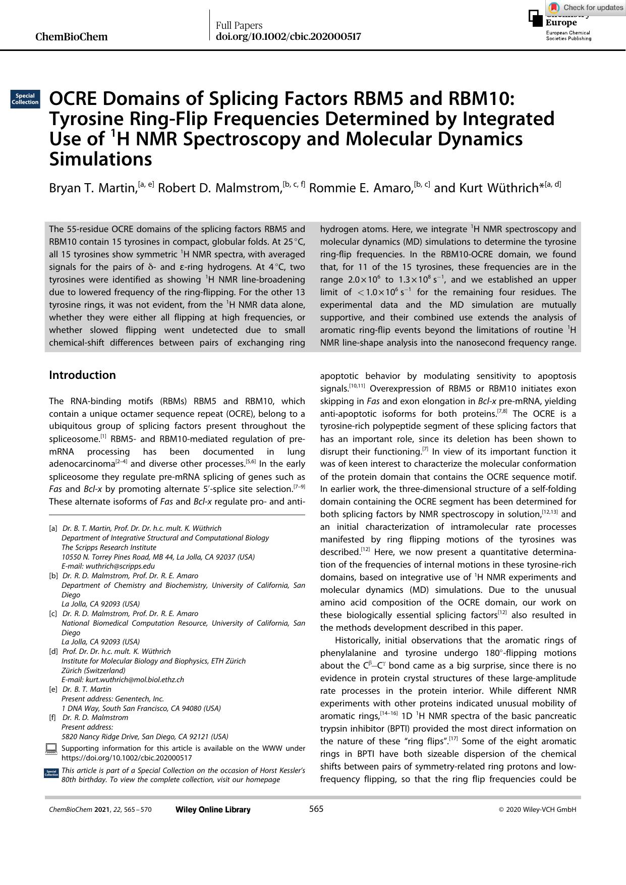 OCRE Domains of Splicing Factors RBM5 and RBM10: Tyrosine RingâFlip Frequencies Determined by Integrated Use of 1H NMR Spectroscopy and Molecular Dynamics Simulations by Unknown