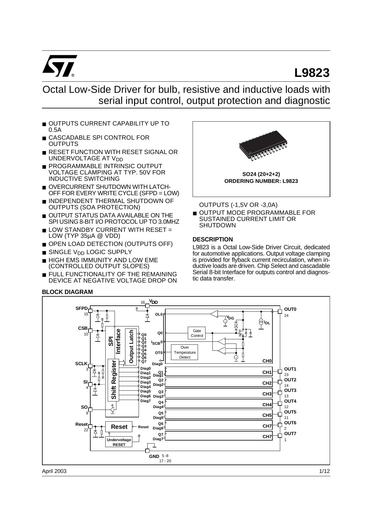 OCTAL LOW-SIDE DRIVER FOR BULB, RESISTIVE AND INDUCTIVE LOADS WITH SERIAL INPUT CONTROL, OUTPUT PROTECTION AND DIAGNOSTIC by STMicroelectronics