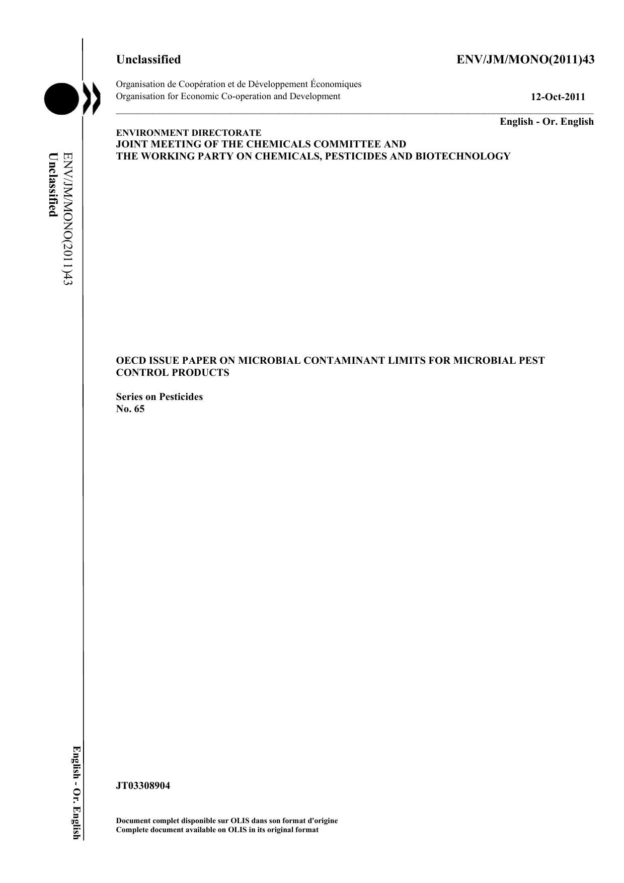 OECD issue paper on microbial contaminant limits for microbial pest control products. by OECD