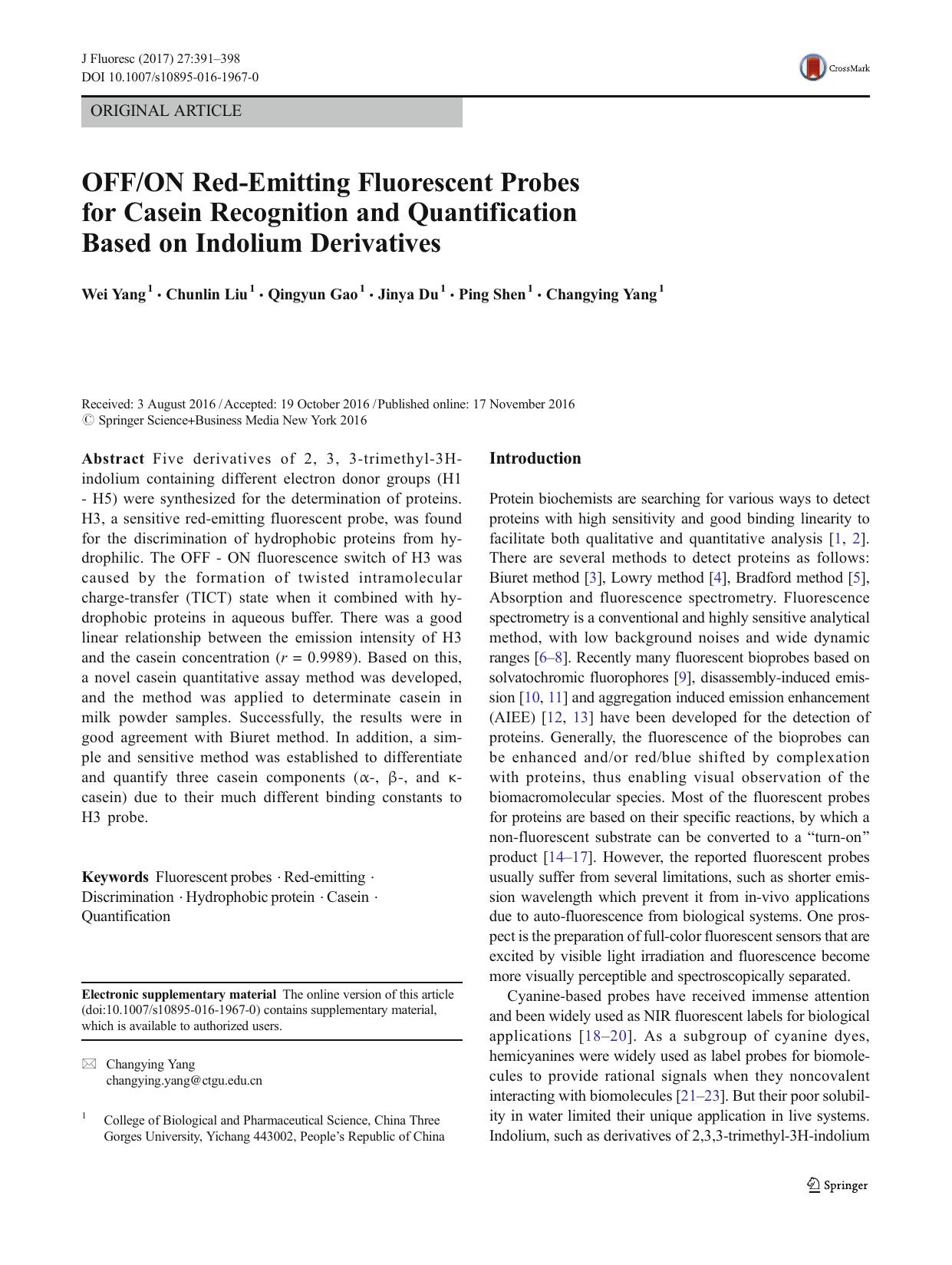OFFON Red-Emitting Fluorescent Probes for Casein Recognition and Quantification Based on Indolium Derivatives by Wei Yang & Chunlin Liu & Qingyun Gao & Jinya Du & Ping Shen & Changying Yang