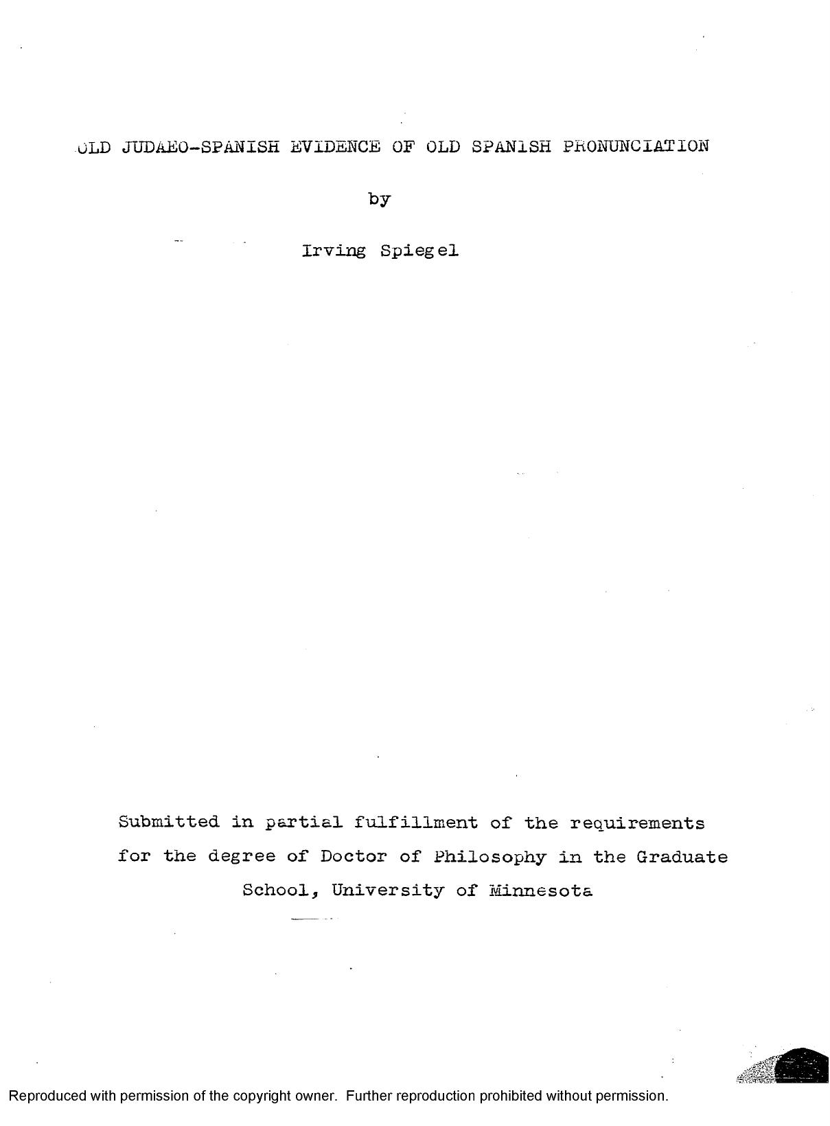 OLD JUDAEO-SPANISH EVIDENCE OF OLD SPANISH PRONUNCIATION by SPIEGEL IRVING