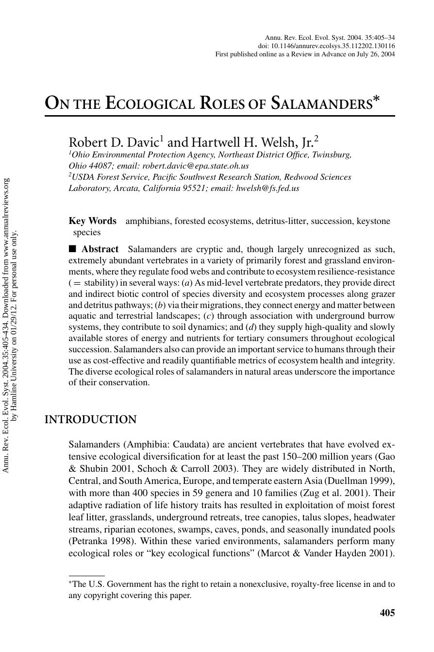 ON THE ECOLOGICAL ROLES OF SALAMANDERS* by Robert D. Davic1 & Hartwell H. Welsh Jr.2