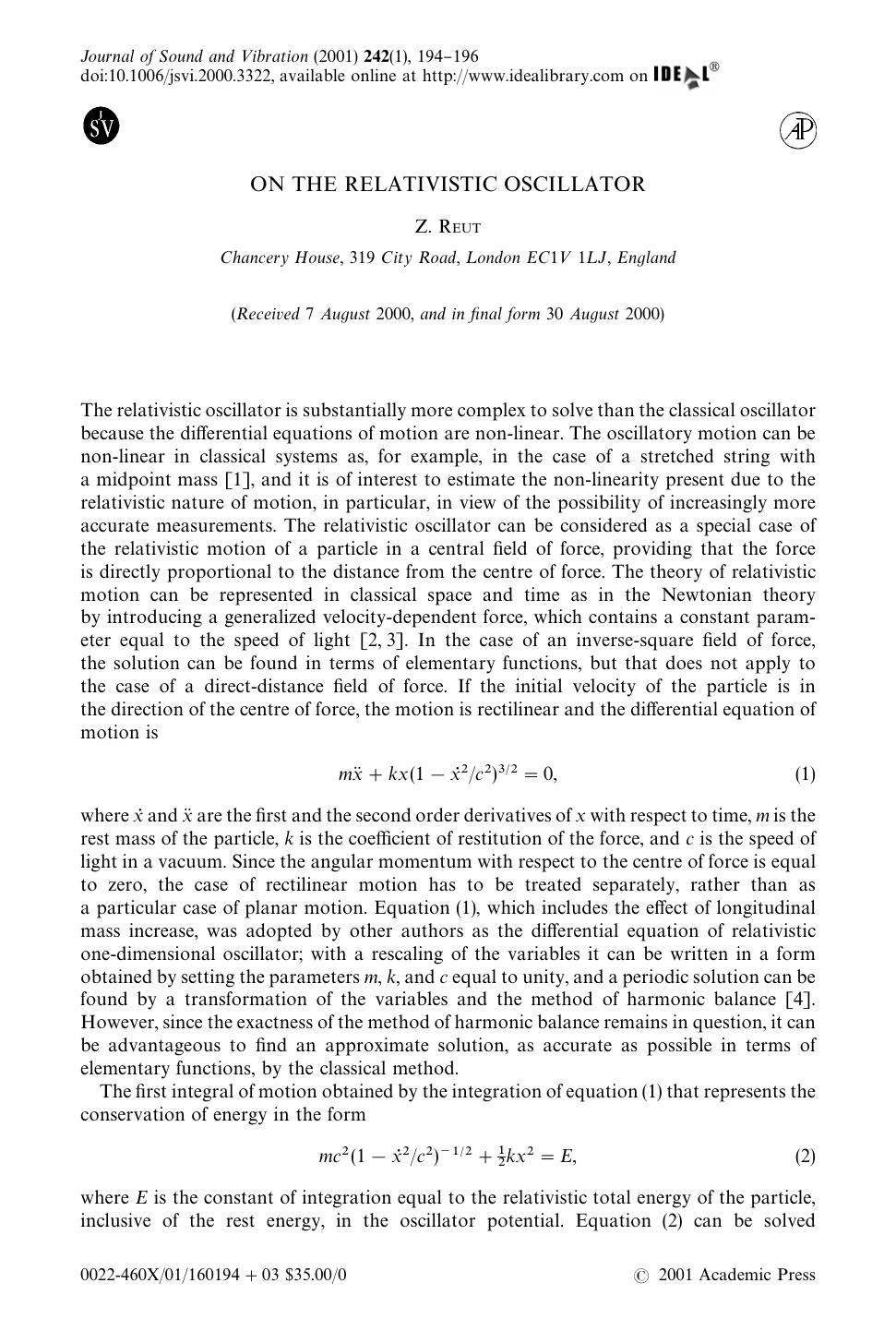 ON THE RELATIVISTIC OSCILLATOR by REUT Z