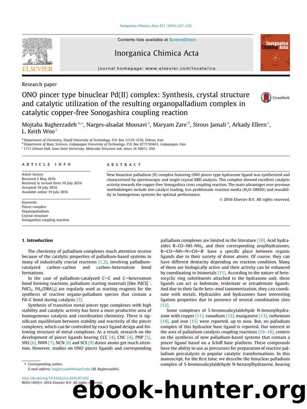 ONO pincer type binuclear Pd(II) complex: Synthesis, crystal structure and catalytic utilization of the resulting organopalladium complex in catalytic copper-free Sonogashira coupling reaction by unknow