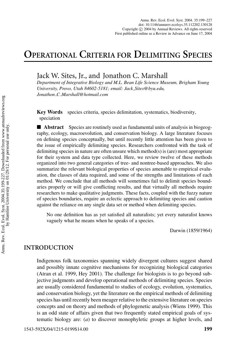 OPERATIONAL CRITERIA FOR DELIMITING SPECIES by Jack W. Sites Jr. & Jonathon C. Marshall