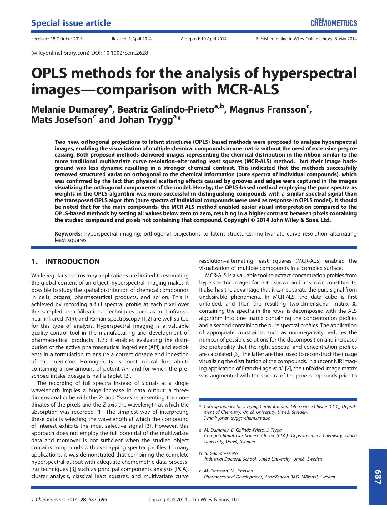 OPLS methods for the analysis of hyperspectral imagescomparison with MCR-ALS by Melanie Dumarey & Beatriz Galindo-Prieto & Magnus Fransson & Mats Josefson & Johan Trygg