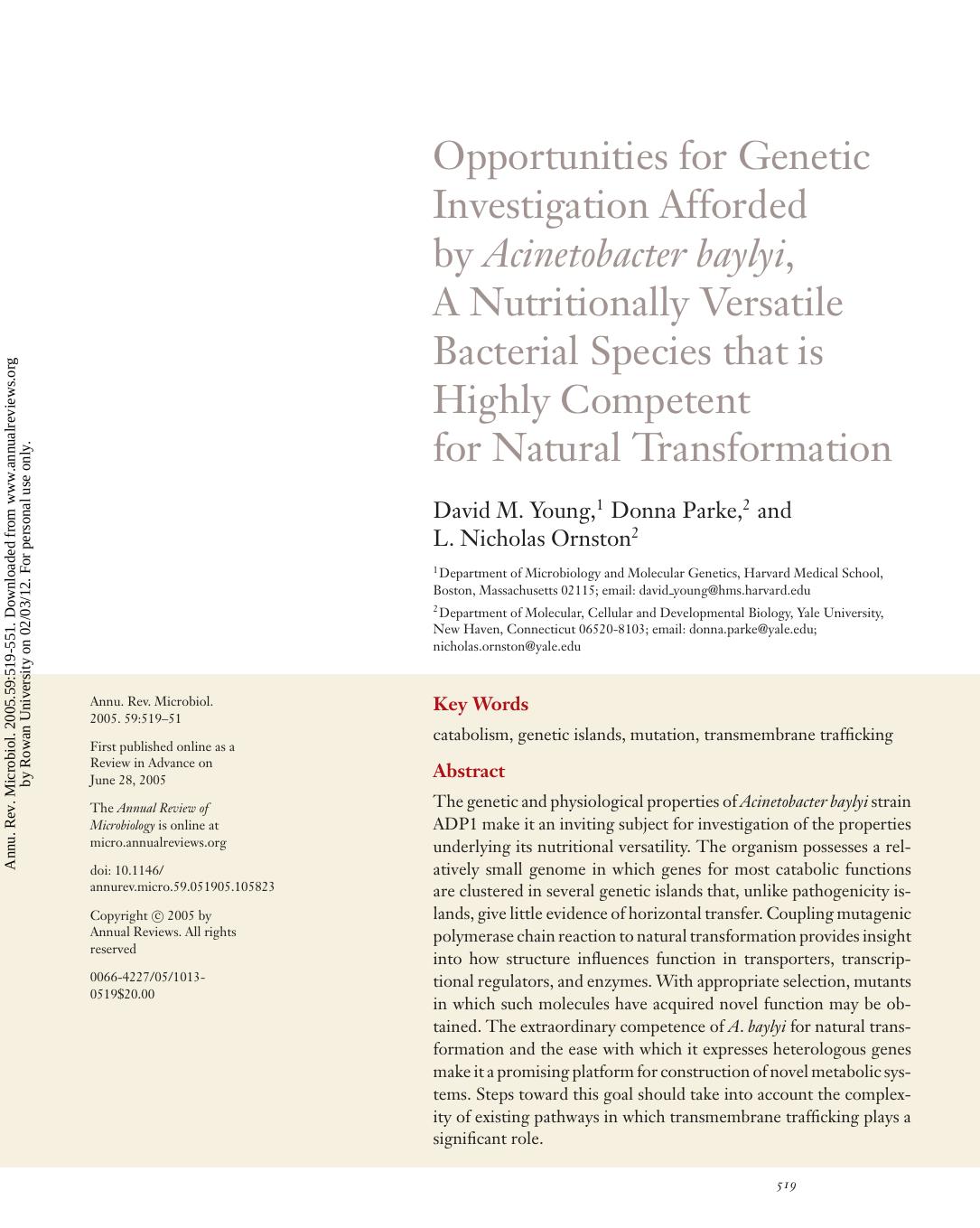 OPPORTUNITIES FOR GENETIC INVESTIGATION AFFORDED BY ACINETOBACTER BAYLYI, A NUTRITIONALLY VERSATILE BACTERIAL SPECIES THAT IS HIGHLY COMPETENT FOR NATURAL TRANSFORMATION by David M. Young1 Donna Parke2 & L. Nicholas Ornston2
