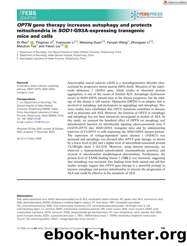 OPTN gene therapy increases autophagy and protects mitochondria in SOD1âG93Aâexpressing transgenic miceÂ and cells by Unknown