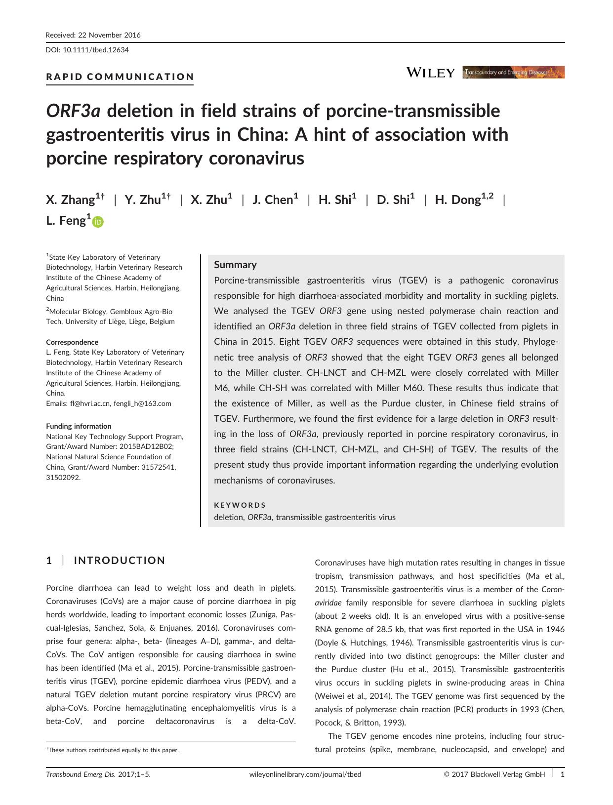 ORF3a deletion in field strains of porcine‐transmissible gastroenteritis virus in China: A hint of association with porcine respiratory coronavirus by Unknown