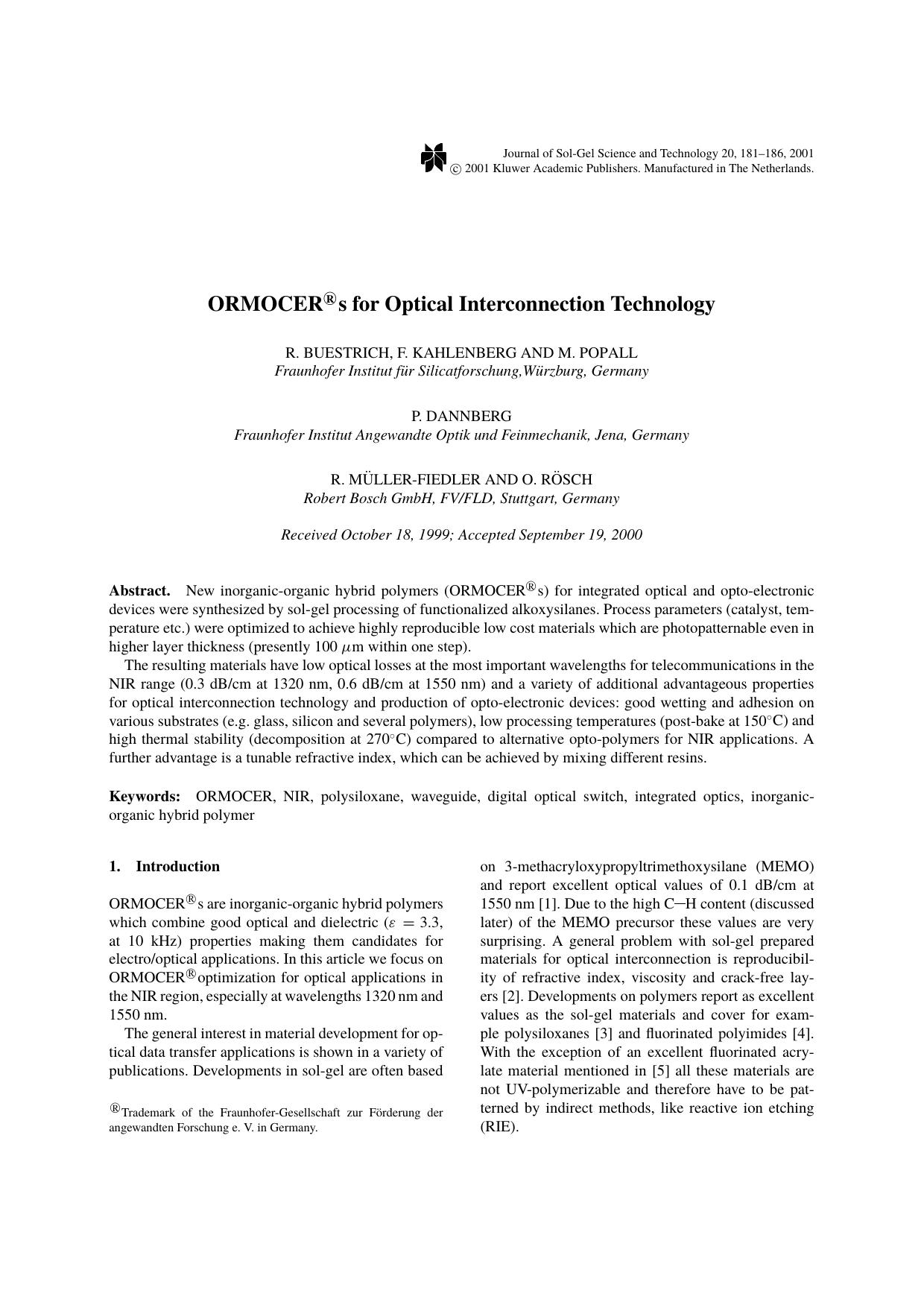ORMOCER&#x00AE;s for Optical Interconnection Technology by Unknown
