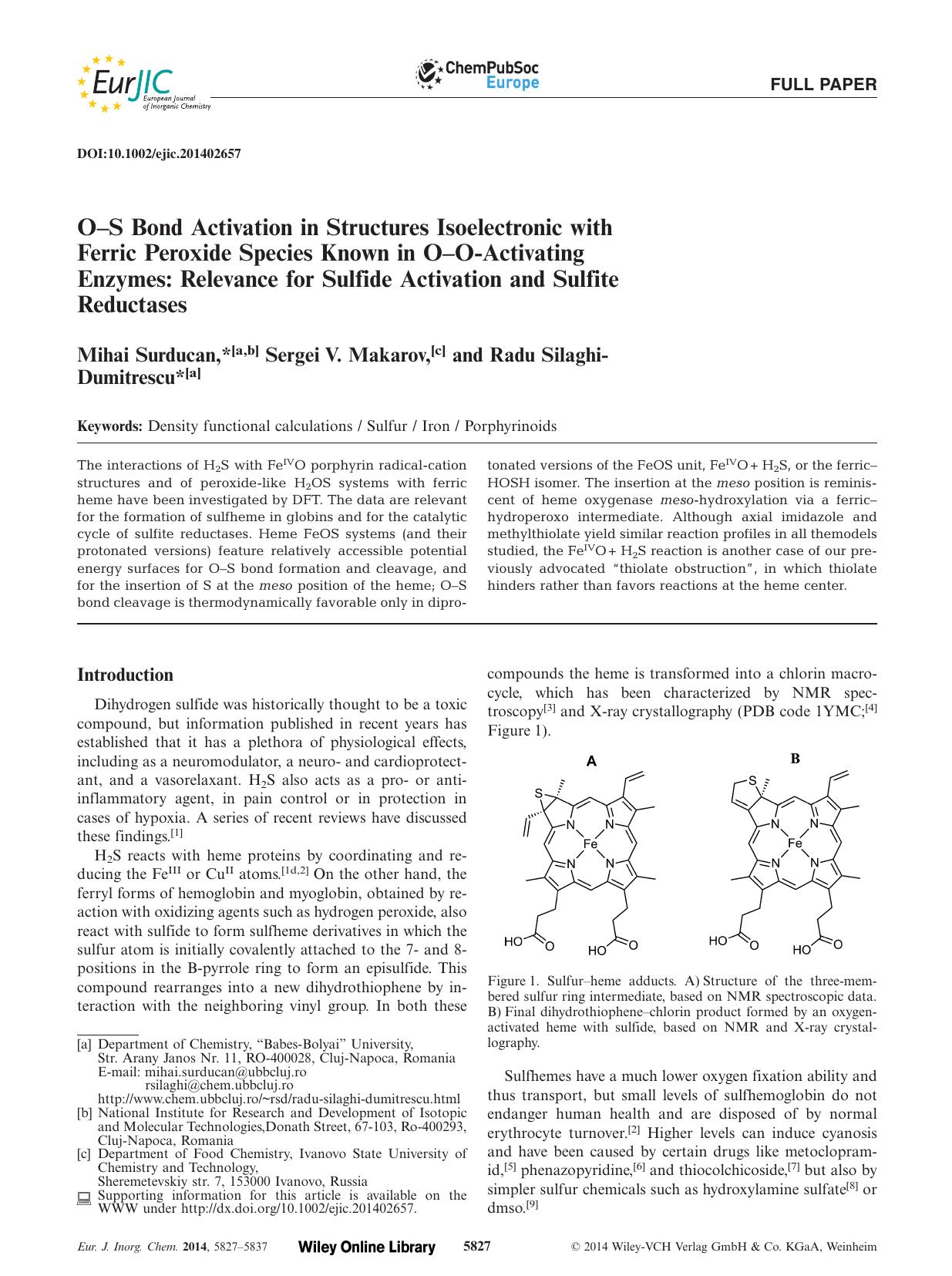 OS Bond Activation in Structures Isoelectronic with Ferric Peroxide Species Known in OOActivating Enzymes: Relevance for Sulfide Activation and Sulfite Reductases by Unknown