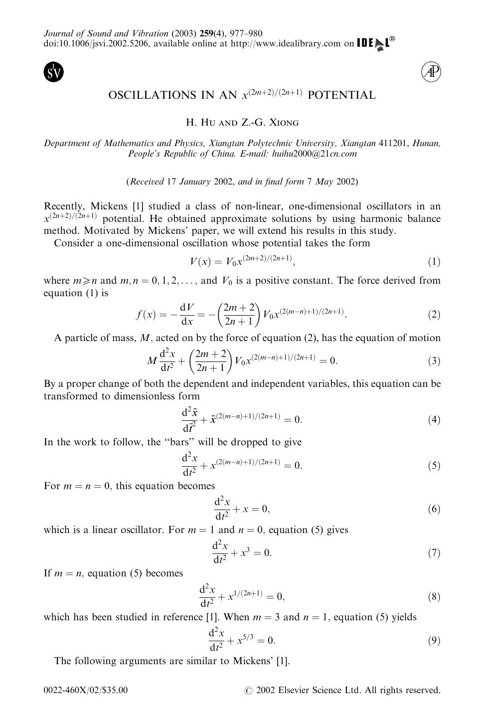 OSCILLATIONS IN AN x(2m+2)(2n+1) POTENTIAL by HU H. & XIONG Z.-G