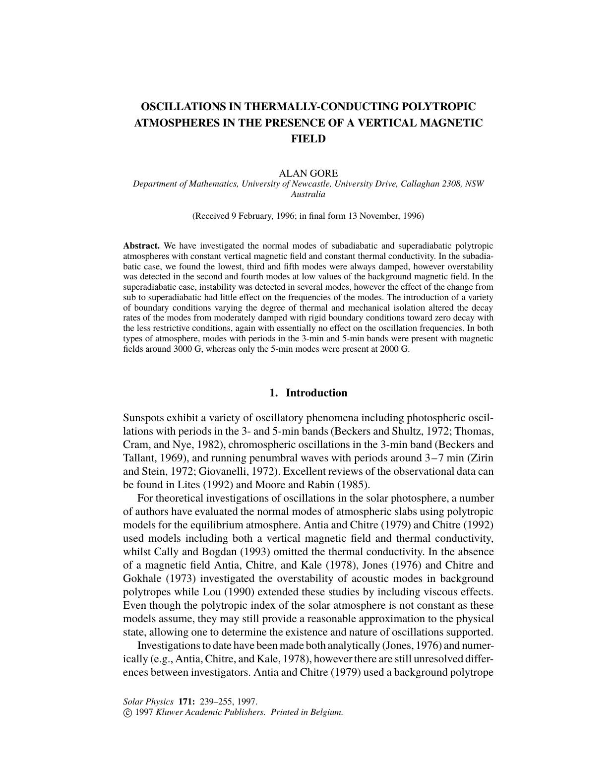 OSCILLATIONS IN THERMALLY-CONDUCTING POLYTROPIC ATMOSPHERES IN THE PRESENCE OF A VERTICAL MAGNETIC FIELD by Unknown