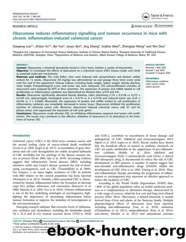 Obacunone reduces inflammatory signalling and tumour occurrence in mice with chronic inflammation-induced colorectal cancer by Luo Xiaoping & Yu Zhilun & Yue Bei & Ren Junyu & Zhang Jing & Mani Sridhar & Wang Zhengtao & Dou Wei
