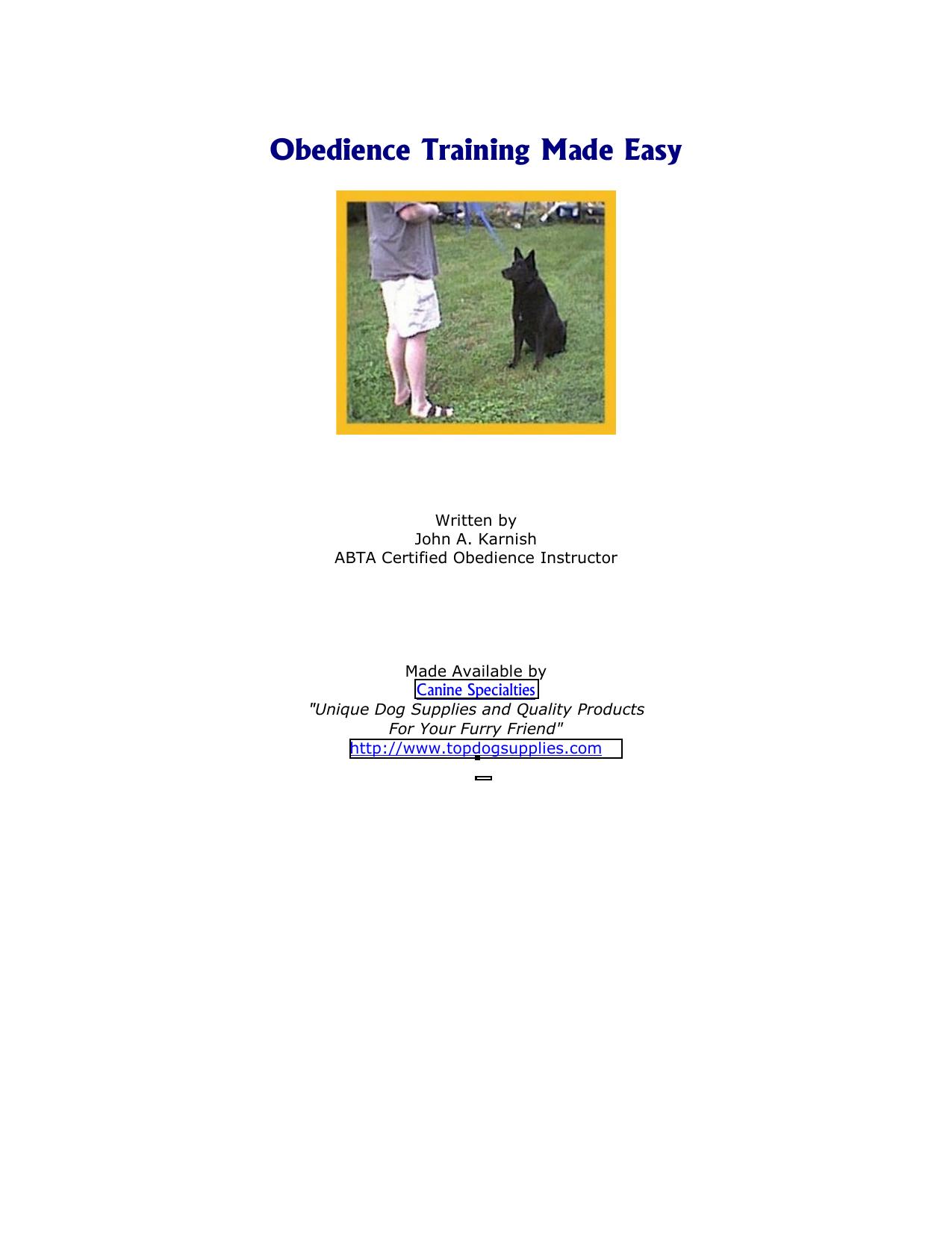 Obedience Training Made Easy by John A. Karnish