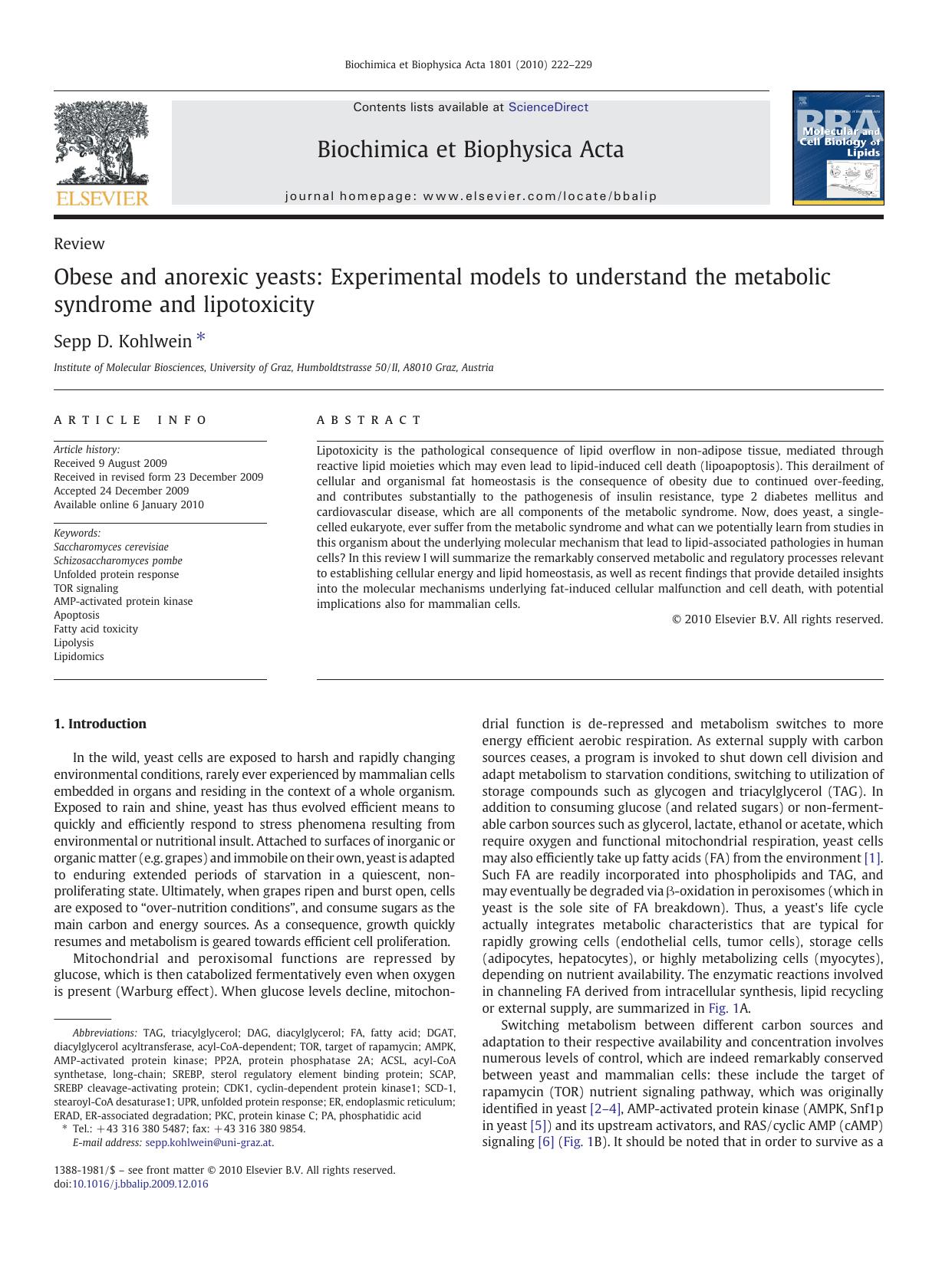 Obese and anorexic yeasts: Experimental models to understand the metabolic syndrome and lipotoxicity by Sepp D. Kohlwein