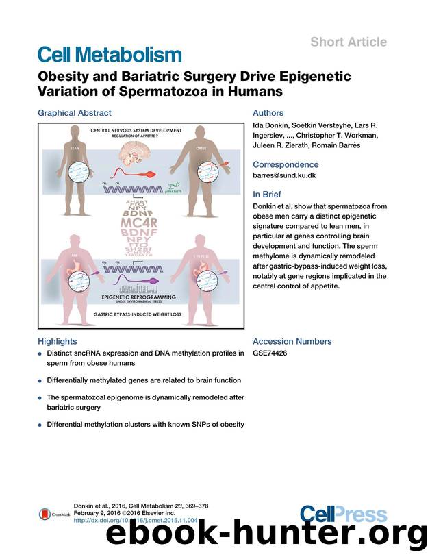 Obesity and Bariatric Surgery Drive Epigenetic Variation of Spermatozoa in Humans by unknow