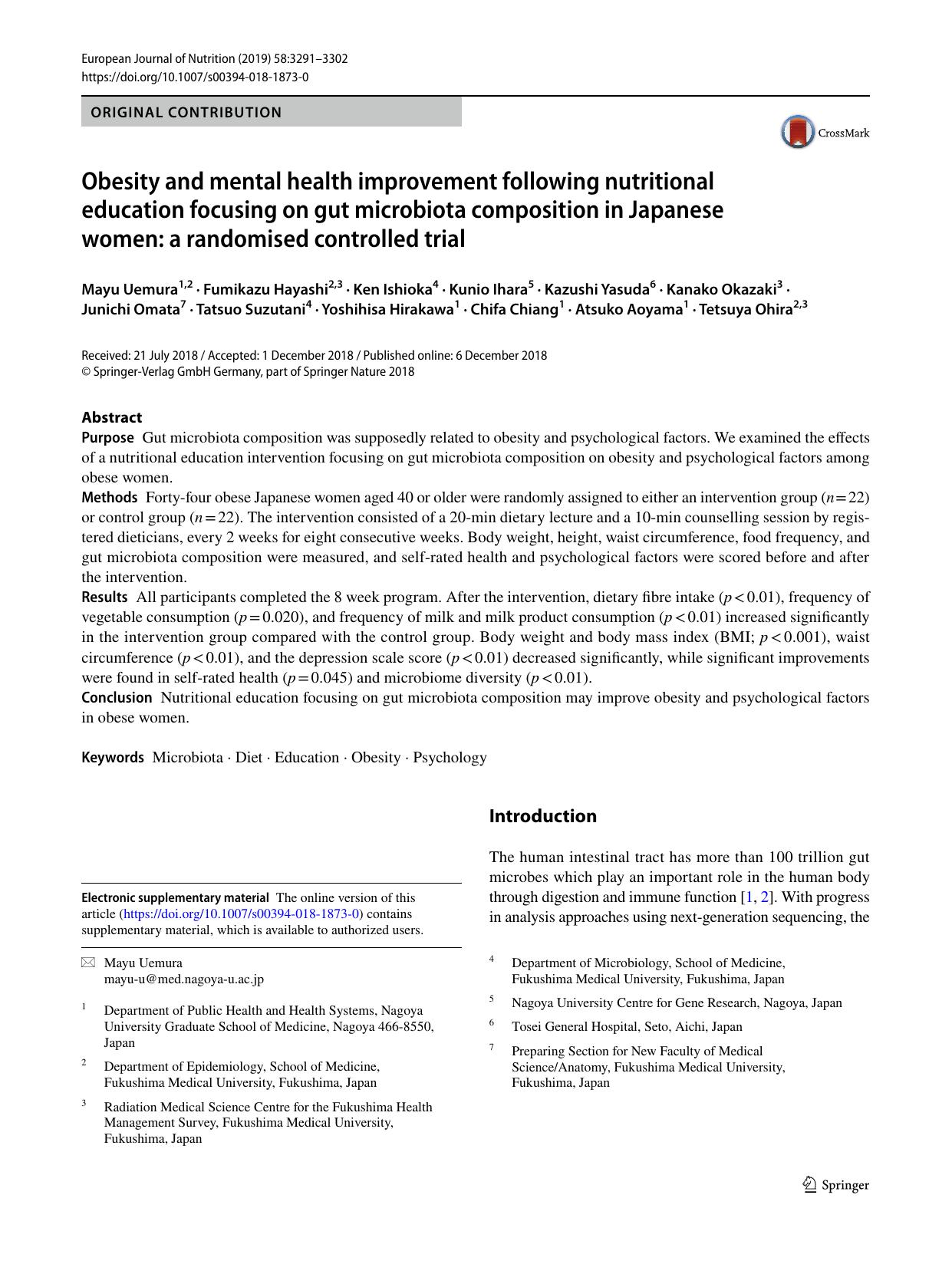 Obesity and mental health improvement following nutritional education focusing on gut microbiota composition in Japanese women: a randomised controlled trial by Mayu Uemura