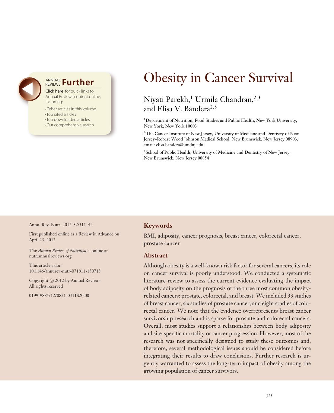Obesity in Cancer Survival by Niyati Parekh Urmila Chandran and Elisa V. Bandera