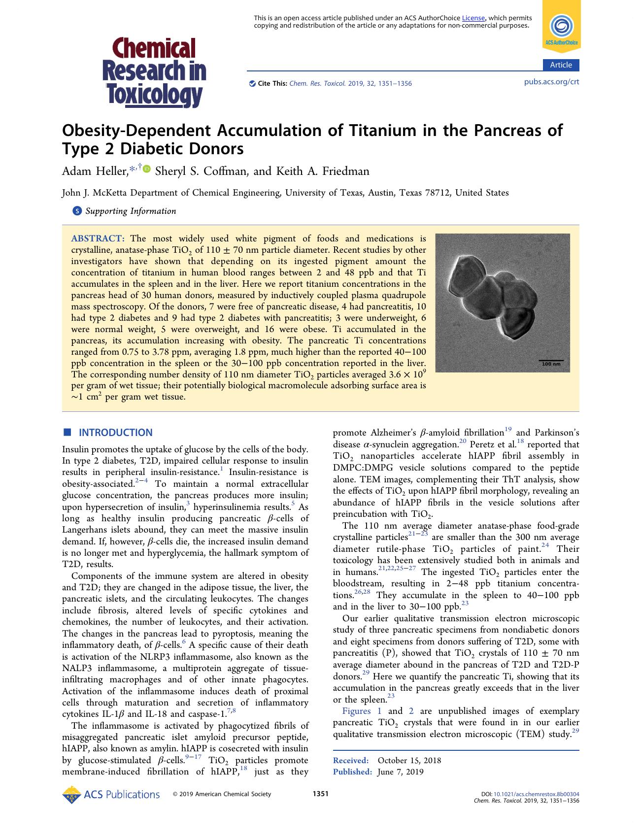Obesity-Dependent Accumulation of Titanium in the Pancreas of Type 2 Diabetic Donors by Adam Heller Sheryl S. Coffman and Keith A. Friedman