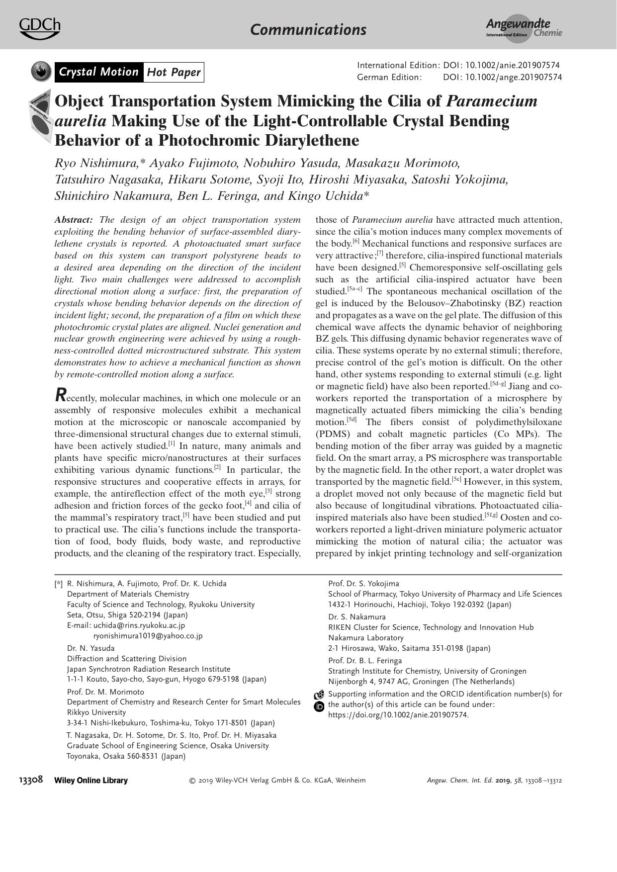 Object Transportation System Mimicking the Cilia of Paramecium aurelia Making Use of the LightâControllable Crystal Bending Behavior of a Photochromic Diarylethene by Unknown