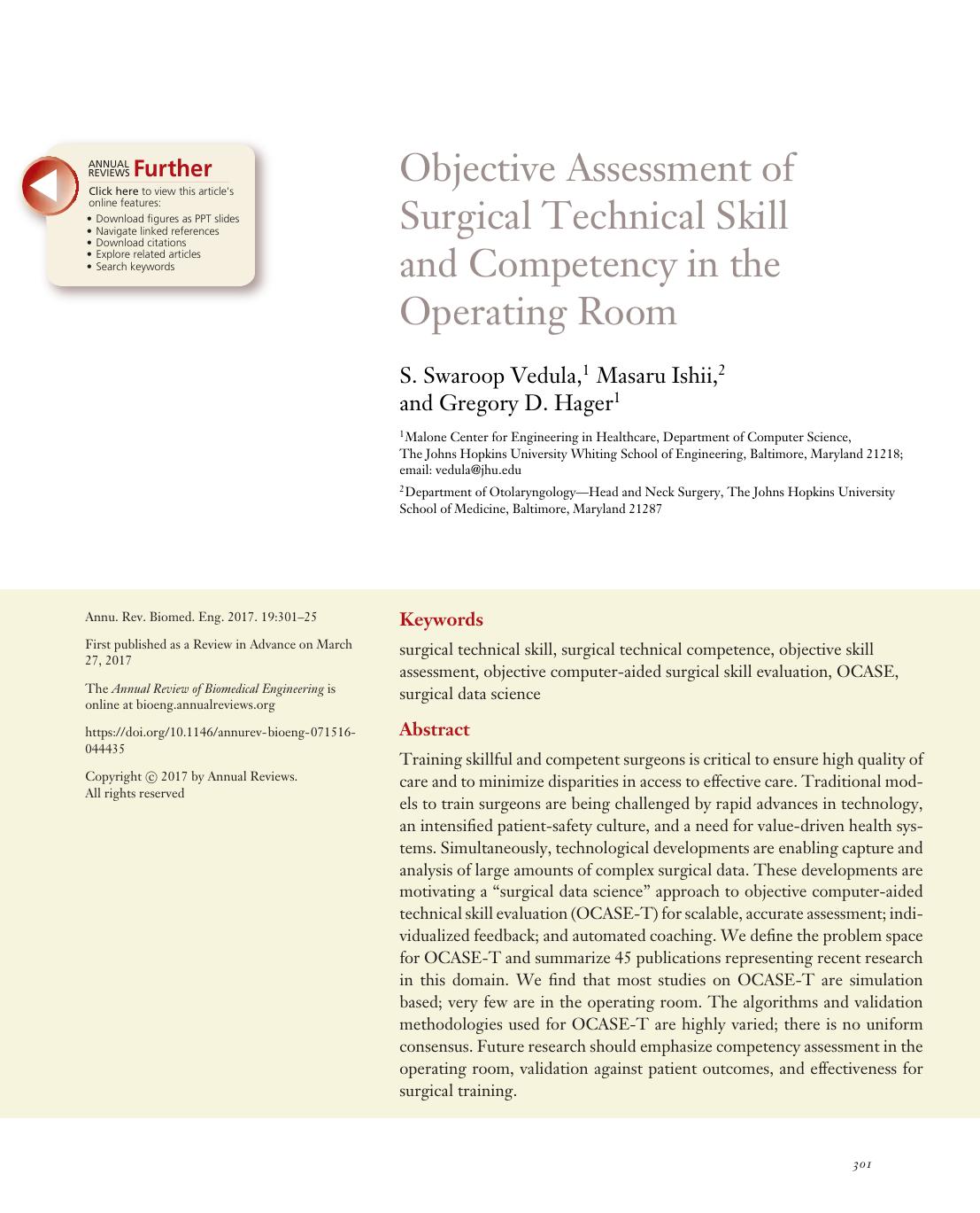 Objective Assessment of Surgical Technical Skill and Competency in the Operating Room by S. Swaroop Vedula Masaru Ishii Gregory D. Hager