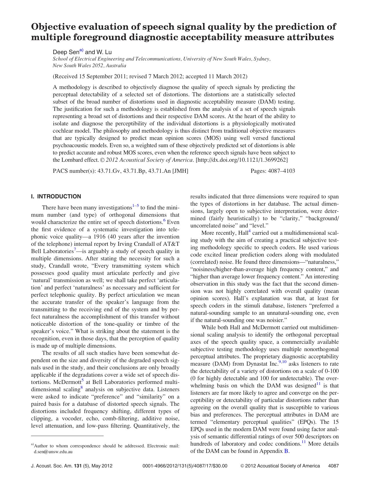 Objective evaluation of speech signal quality by the prediction of multiple foreground diagnostic acceptability measure attributes by Deep Sena) and W. Lu