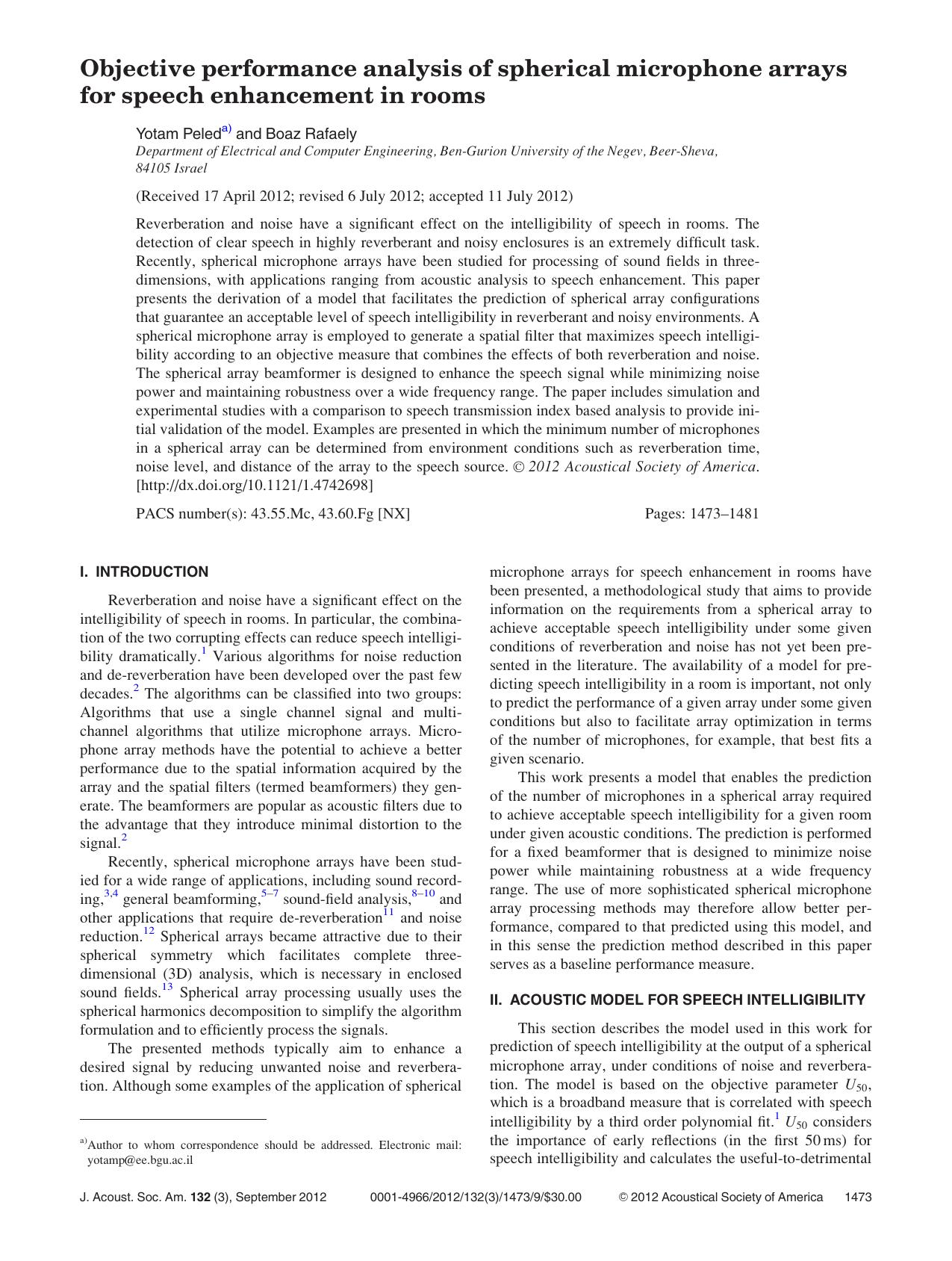 Objective performance analysis of spherical microphone arrays for speech enhancement in rooms by Yotam Peleda) and Boaz Rafaely