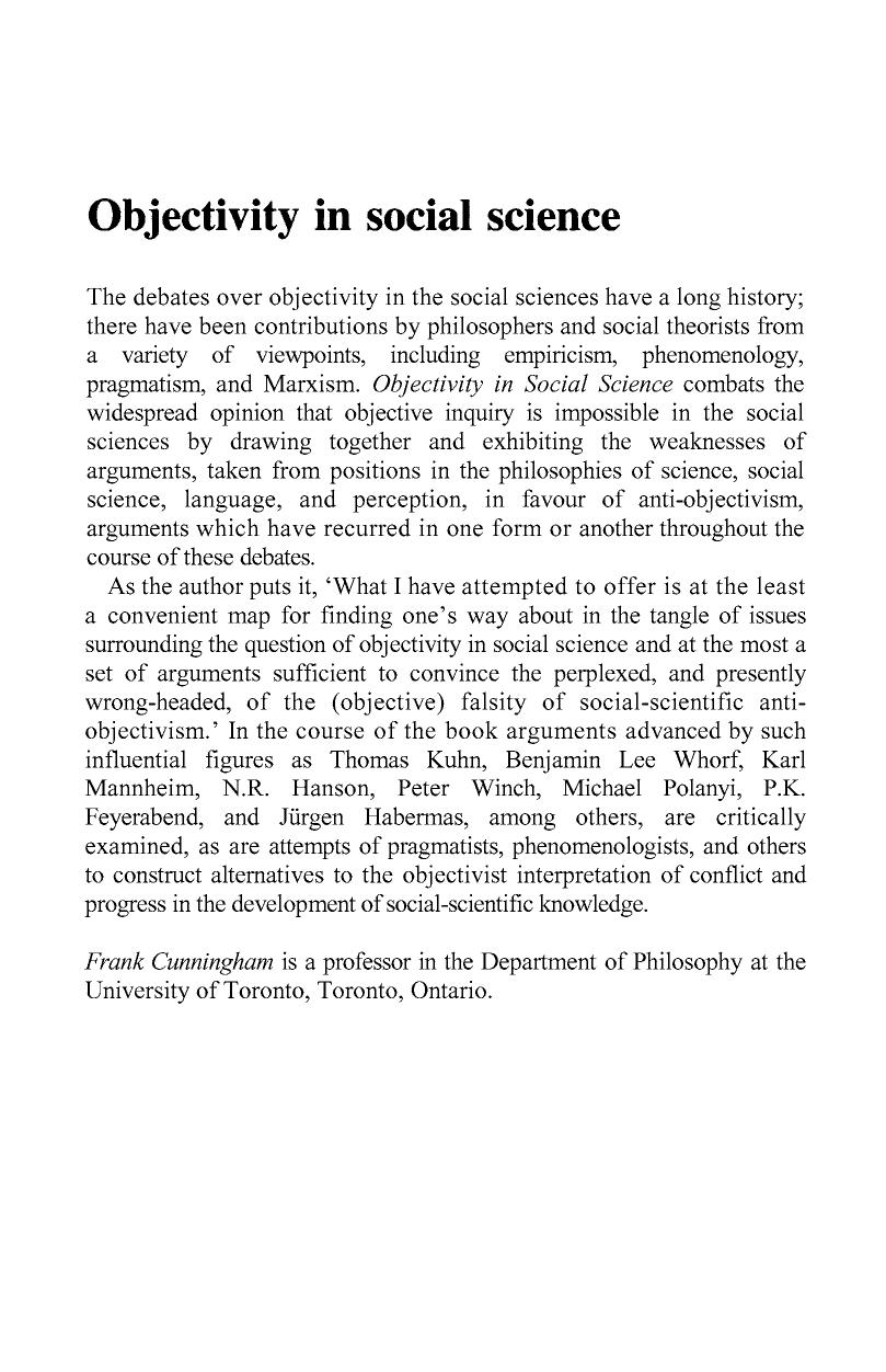 Objectivity in Social Science by Frank Cunningham