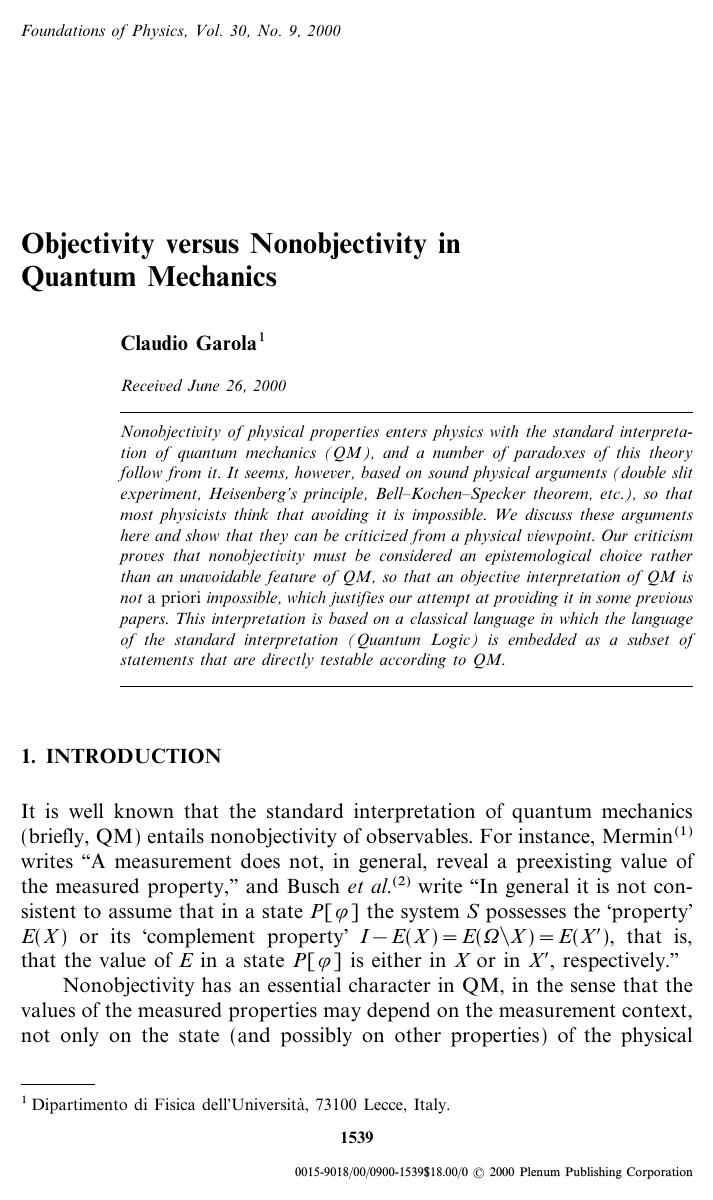 Objectivity versus Nonobjectivity in Quantum Mechanics by Unknown