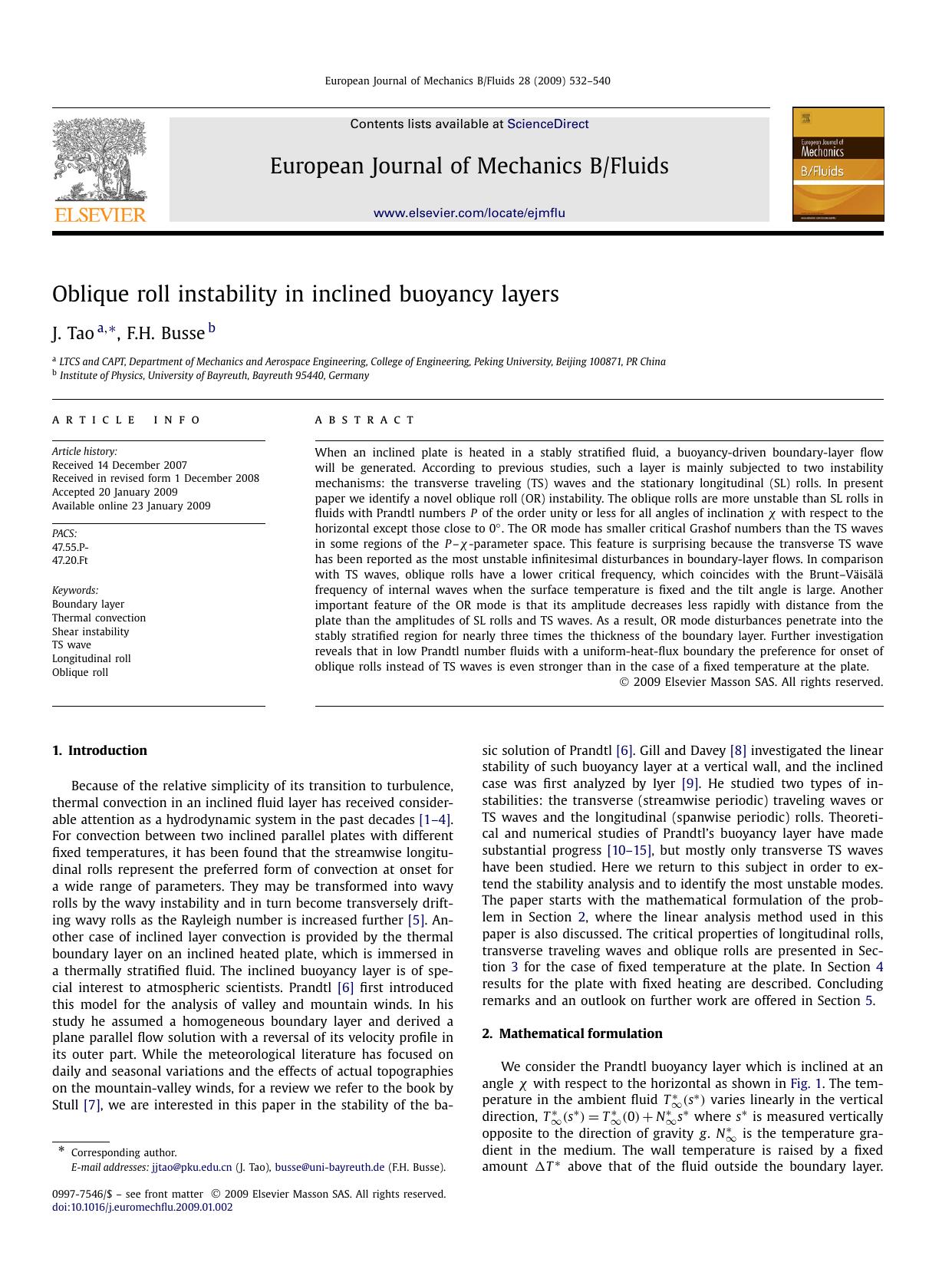 Oblique roll instability in inclined buoyancy layers by J. Tao; F.H. Busse