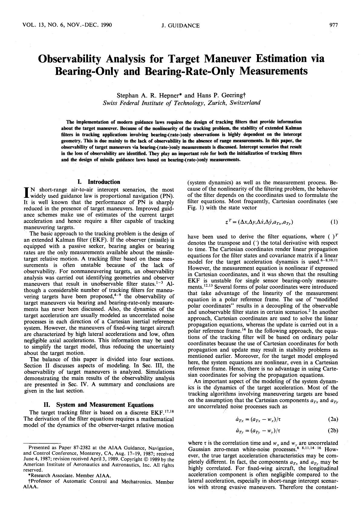 Observability analysis for target maneuver estimation via bearing-only and bearing-rate-only measurements by Unknown