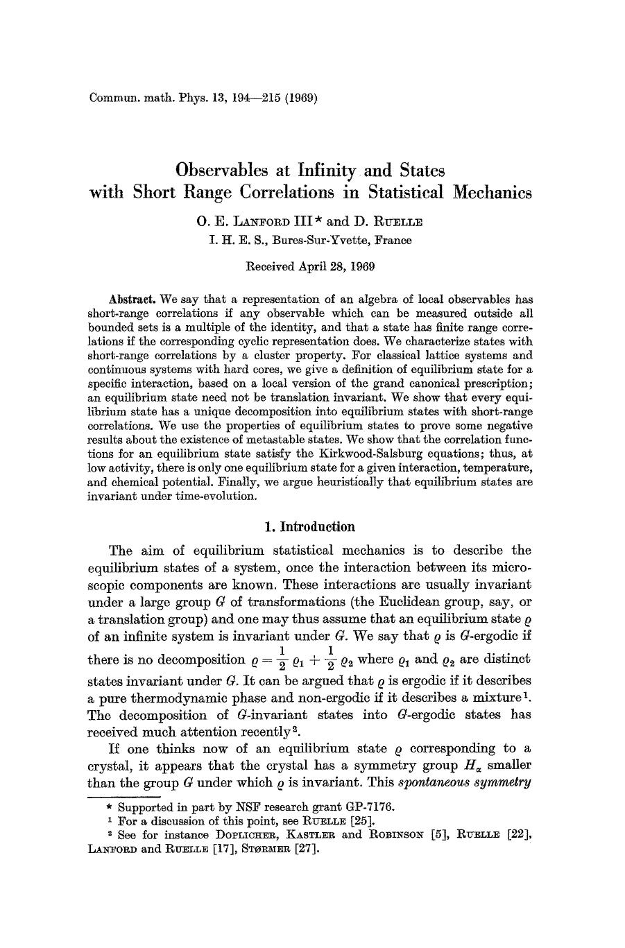 Observables at infinity and states with short range correlations in statistical mechanics by Unknown