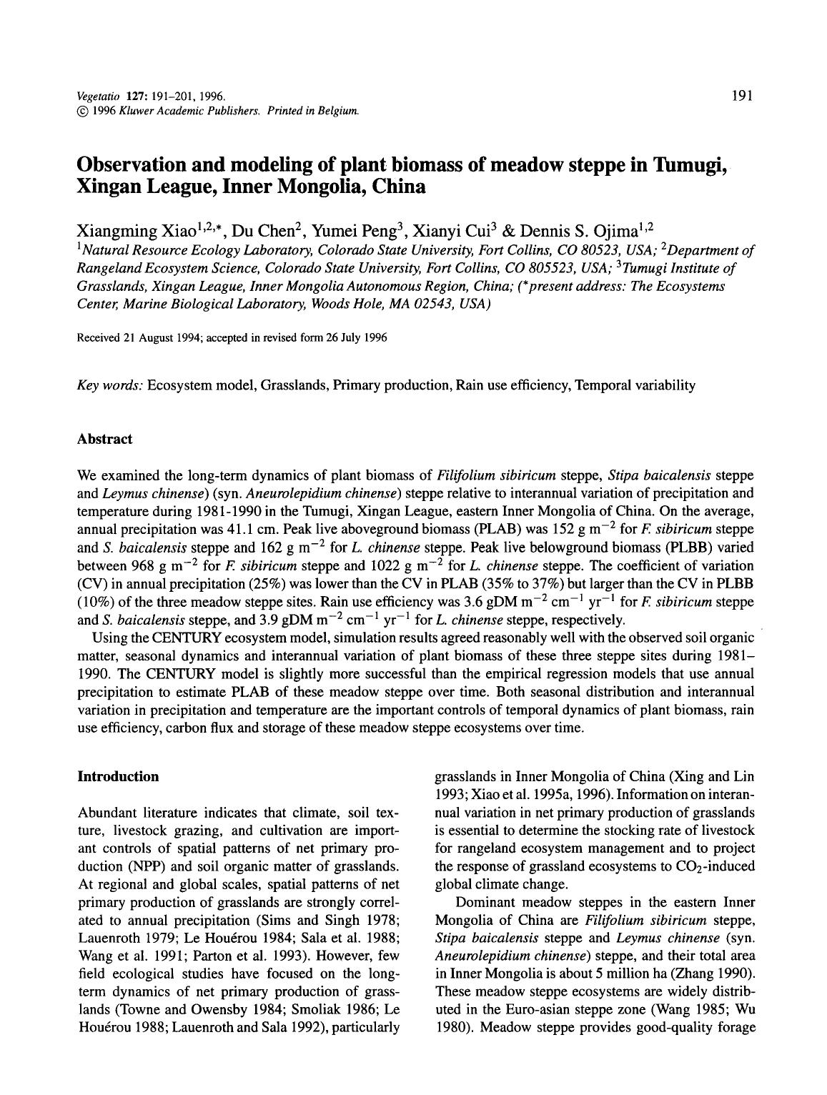 Observation and modeling of plant biomass of meadow steppe in Tumugi, Xingan League, Inner Mongolia, China by Unknown