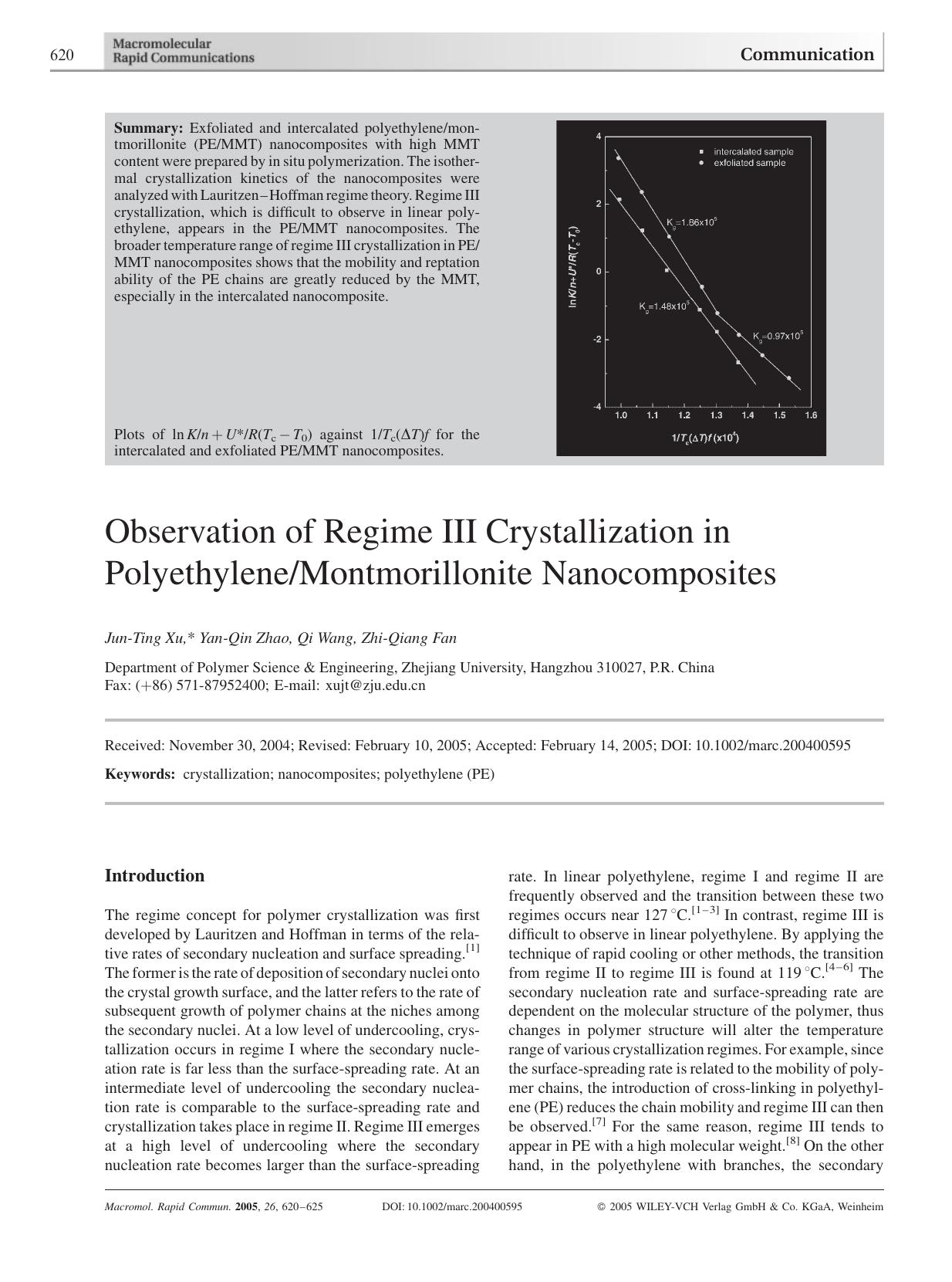 Observation of Regime III Crystallization in PolyethyleneMontmorillonite Nanocomposites by Unknown