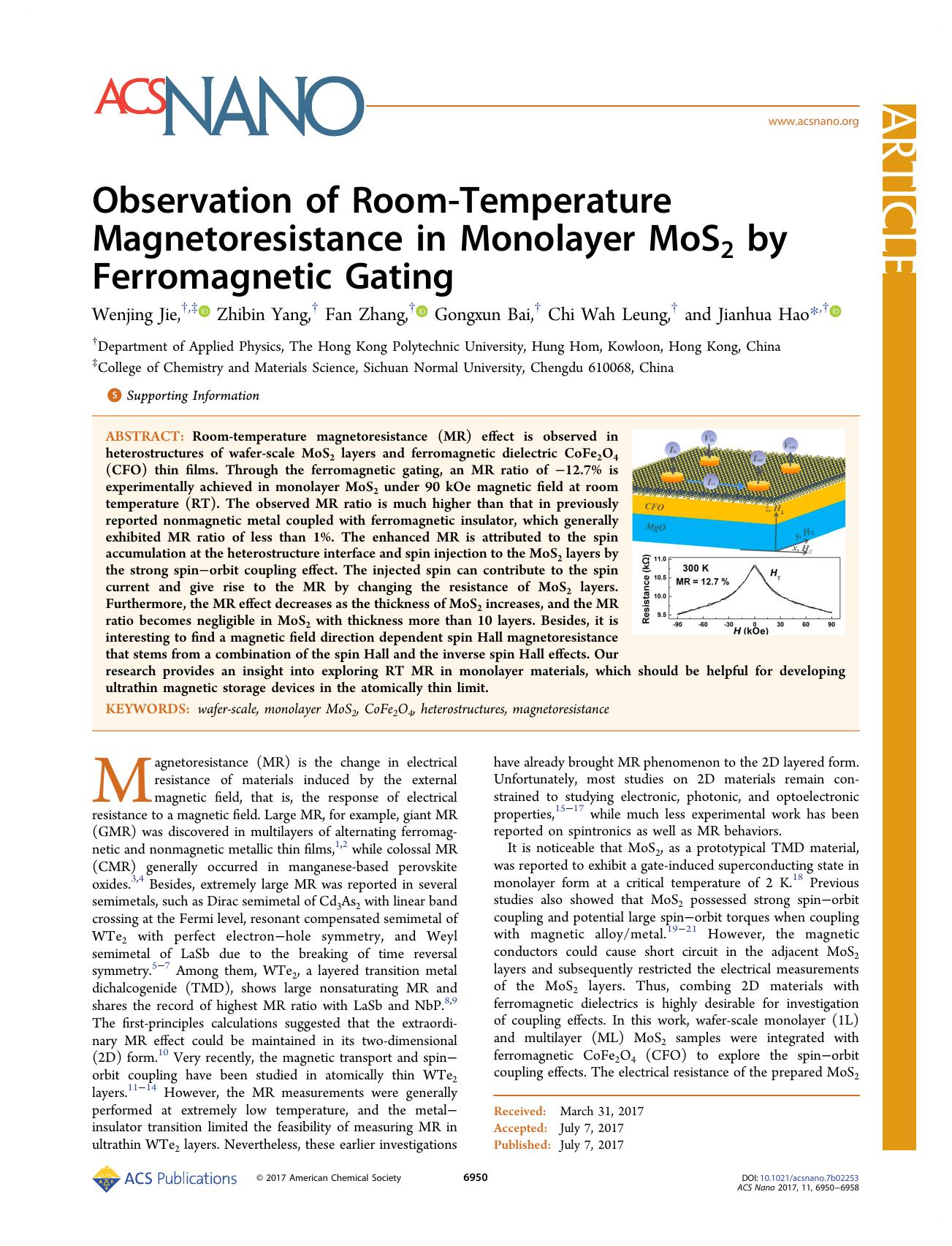 Observation of Room-Temperature Magnetoresistance in Monolayer MoS2 by Ferromagnetic Gating by Wenjing Jie Zhibin Yang Fan Zhang Gongxun Bai Chi Wah Leung & Jianhua Hao