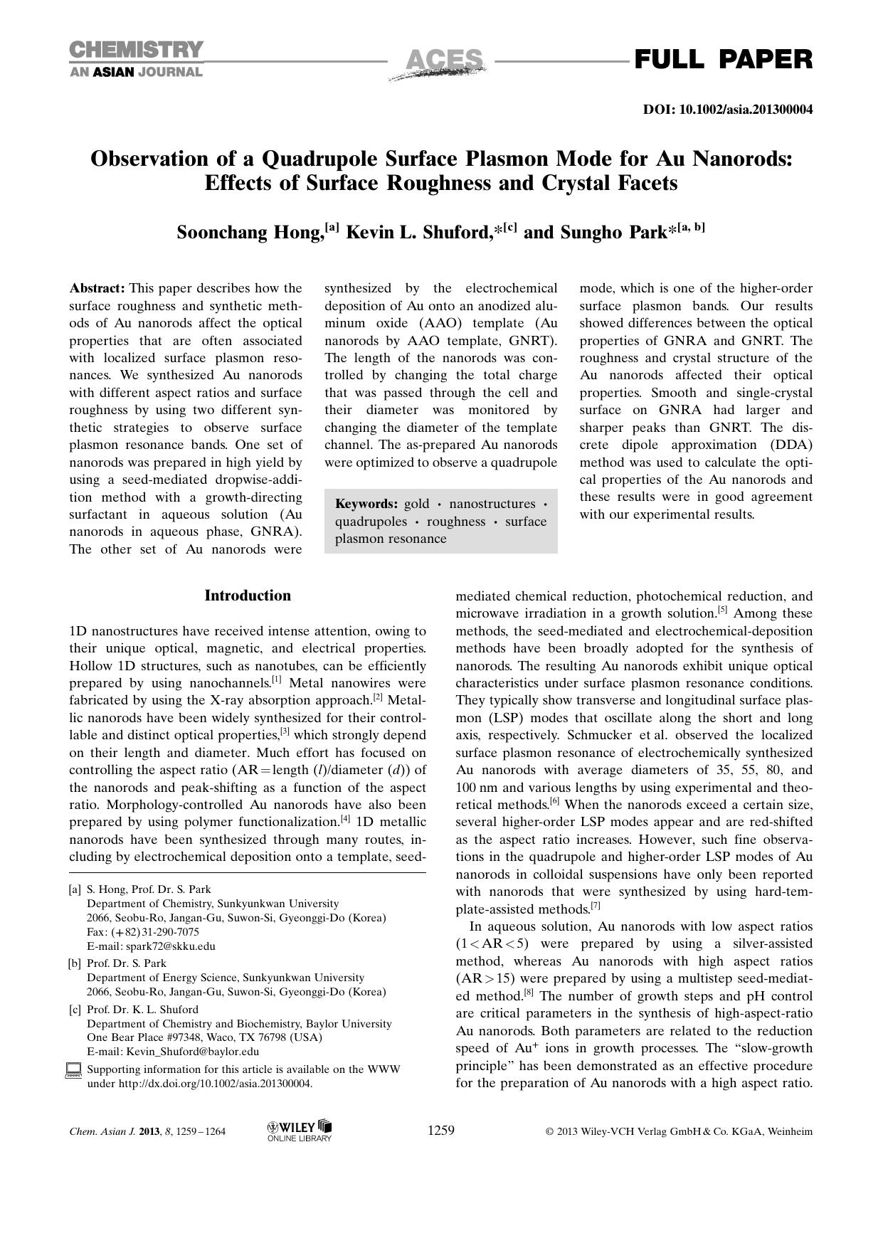 Observation of a Quadrupole Surface Plasmon Mode for Au Nanorods: Effects of Surface Roughness and Crystal Facets by Unknown