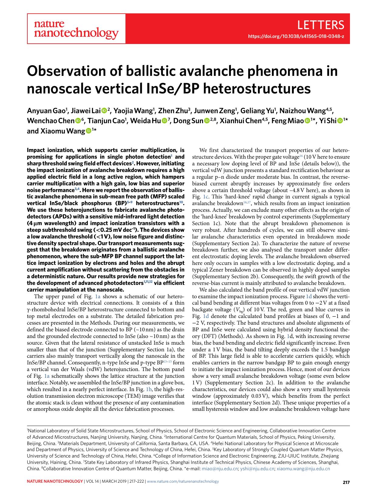 Observation of ballistic avalanche phenomena in nanoscale vertical InSeBP heterostructures by unknow